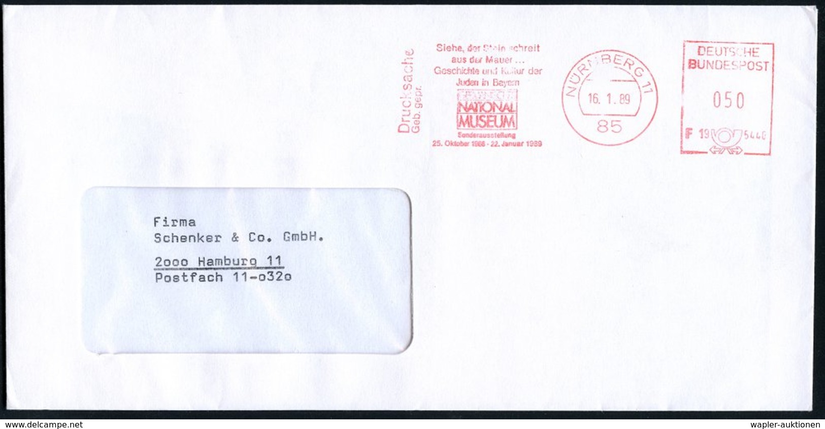 1989 (16.1.) 85 NÜRNBERG 11, Absender-Freistempel: ..Geschichte U. Kultur Der Juden In Bayern GERMANISCHES NATIONAL MUSE - Other & Unclassified