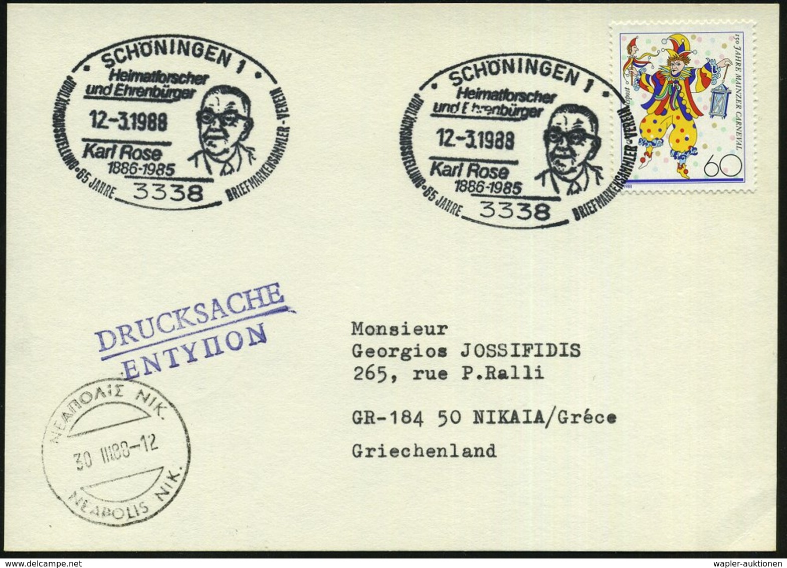 1988 (12.3.) 3338 SCHÖNINGEN 1, Sonderstempel: Heimatforscher.. Karl Rose (Brustbild) = Jüdischer Heimatforscher, Ausl.- - Other & Unclassified