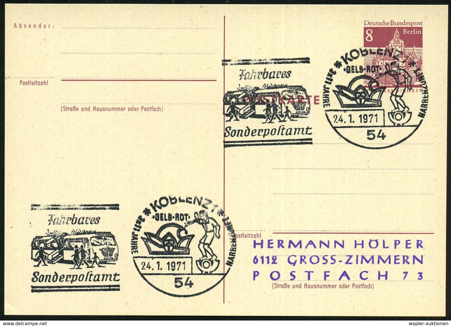 1971 (24.1.) 54 KOBLENZ 1, Fahnen-Sonderstempel: 3x 11 JAHRE NARRENZUFT "GELB-ROT" Fahrbares Postamt (Narrenkappe, Mobil - Other & Unclassified