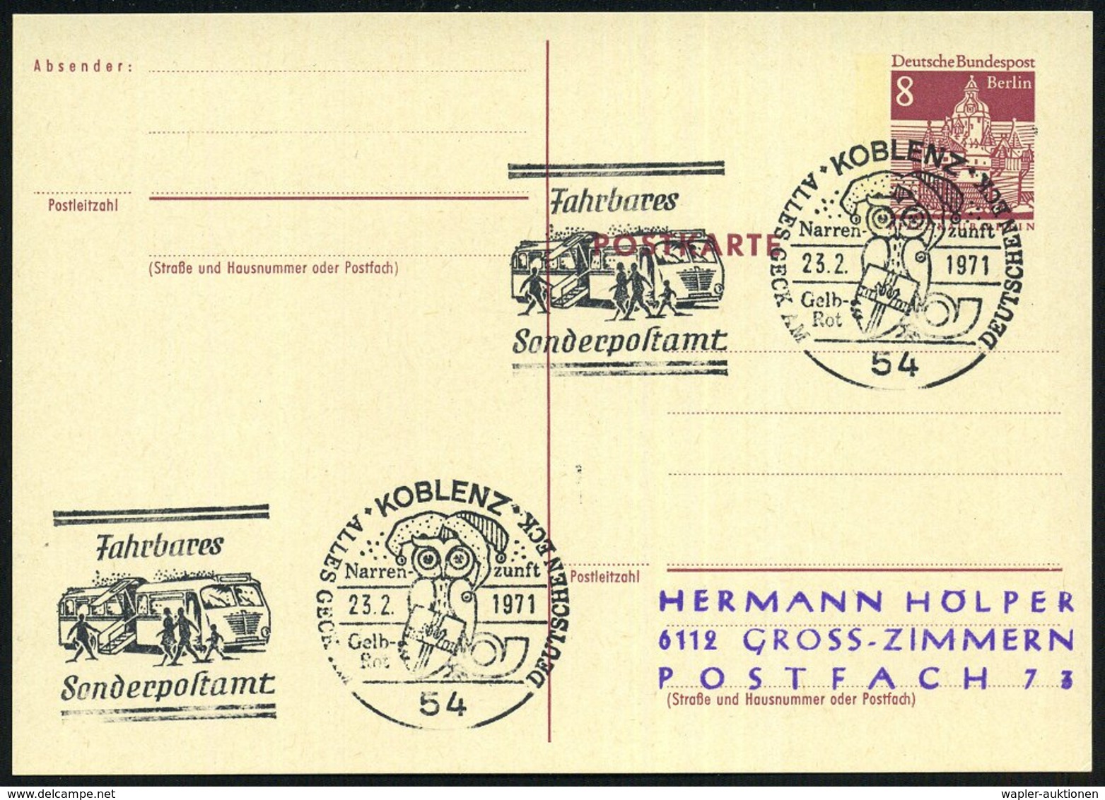 1971 (23.2.) 54 KOBLENZ 1, Fahnen-Sonderstempel: Narrenzunf "Gelb-Rot"..Fahrbares Postamt (Eule Mit Narrenkappe, Mobil-P - Other & Unclassified