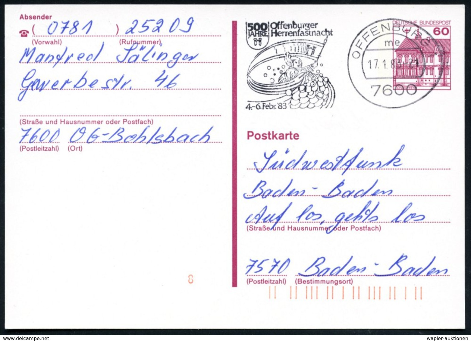 1983 (17.1.) 7600 OFFENBURG 1, Maschinen-Werbestempel: 500 JAHRE Herrenfastnacht (Karnevalsfigur Mit Fahne) Bedarfskarte - Sonstige & Ohne Zuordnung