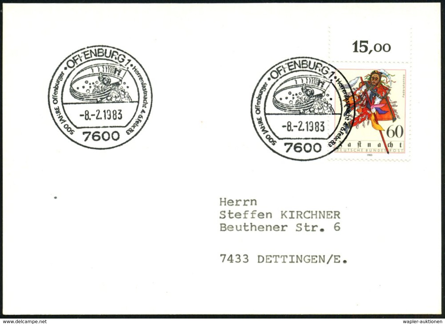 1983 (8.2.) 7600 OFFENBURG 1, Sonderstempell: 500 JAHRE Herrenfastnacht (Karnevalsfigur Mit Fahne) Auf Passender Frankat - Other & Unclassified