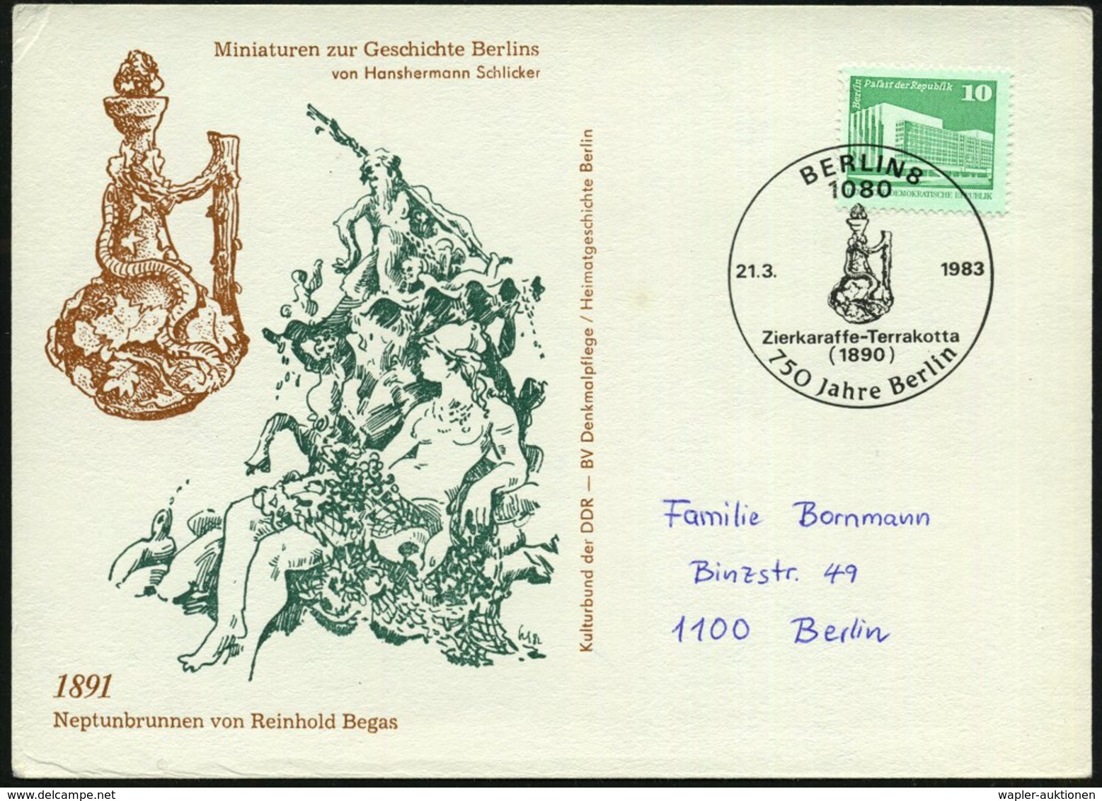 1983 (21.3.) 1080 BERLIN 8, Sonderstempel: 750 Jahre Berlin, Zierkaraffe-Terrakotta (1890) Auf Motivgleicher Sonderkarte - Autres & Non Classés