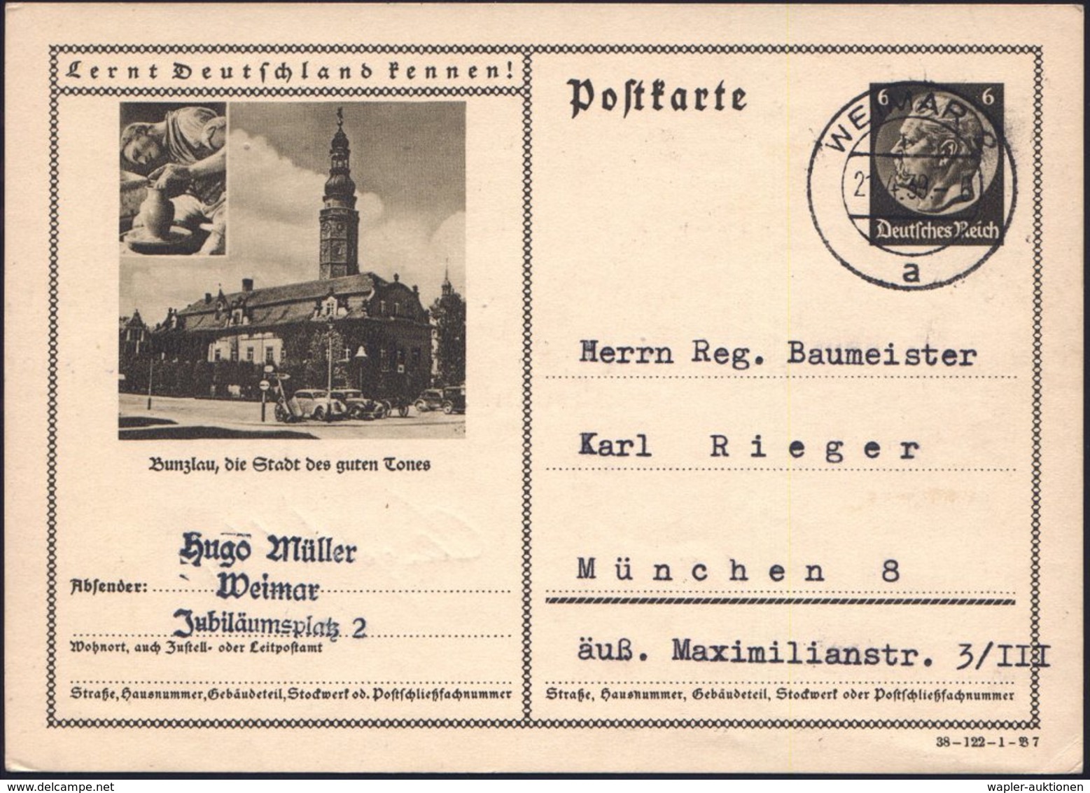 1939 Bunzlau, 6 Pf.Bild-Ganzsache Hindenbg.: Die Stadt Des Guten Tones (Töpferin U. Rathaus) Inl.-Karte (gest. WEIMAR 2) - Autres & Non Classés