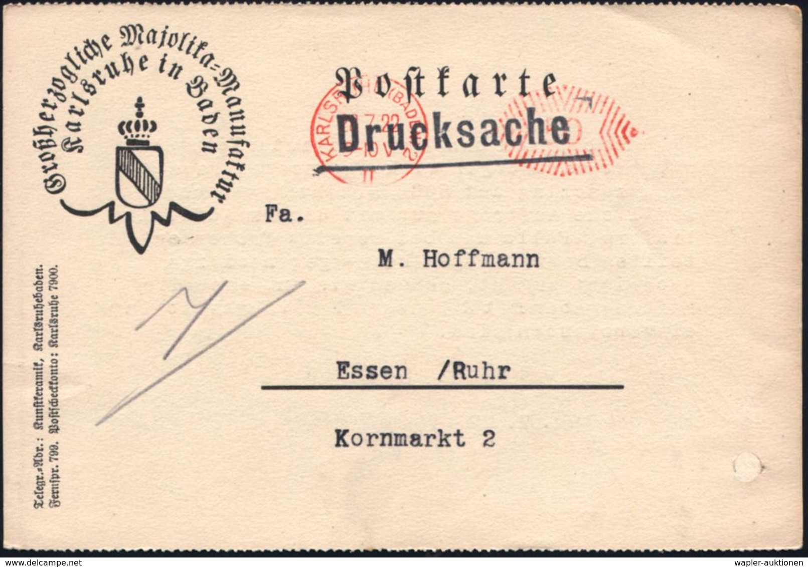 1922 (28.7.) KARLSRUHE (BADEN) 2, Postfreistempel 50 Pf. Ziermuster Auf Dekorativer Firmenkarte: Grßherzogl. Majolika-Ma - Other & Unclassified