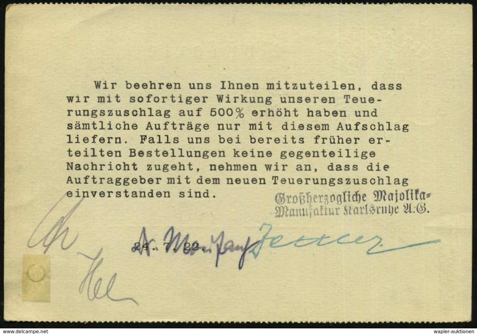 1922 (28.7.) KARLSRUHE (BADEN) 2, Postfreistempel 50 Pf. Ziermuster Auf Dekorativer Firmenkarte: Grßherzogl. Majolika-Ma - Other & Unclassified