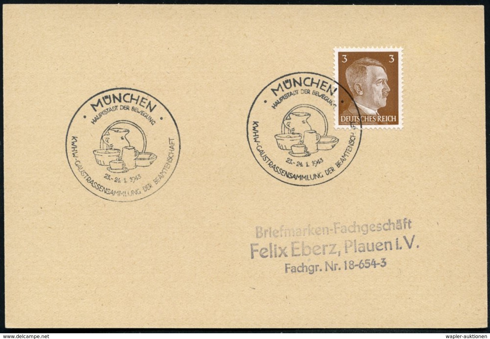 1943 (Jan.) MÜNCHEN, Sonderstempel: K(riegs-)WHW-GAUSTRASSENSAMMLUNG.. = Keramik-Gefäße, Kuchenform Etc., Inl.-Karte (Bo - Altri & Non Classificati