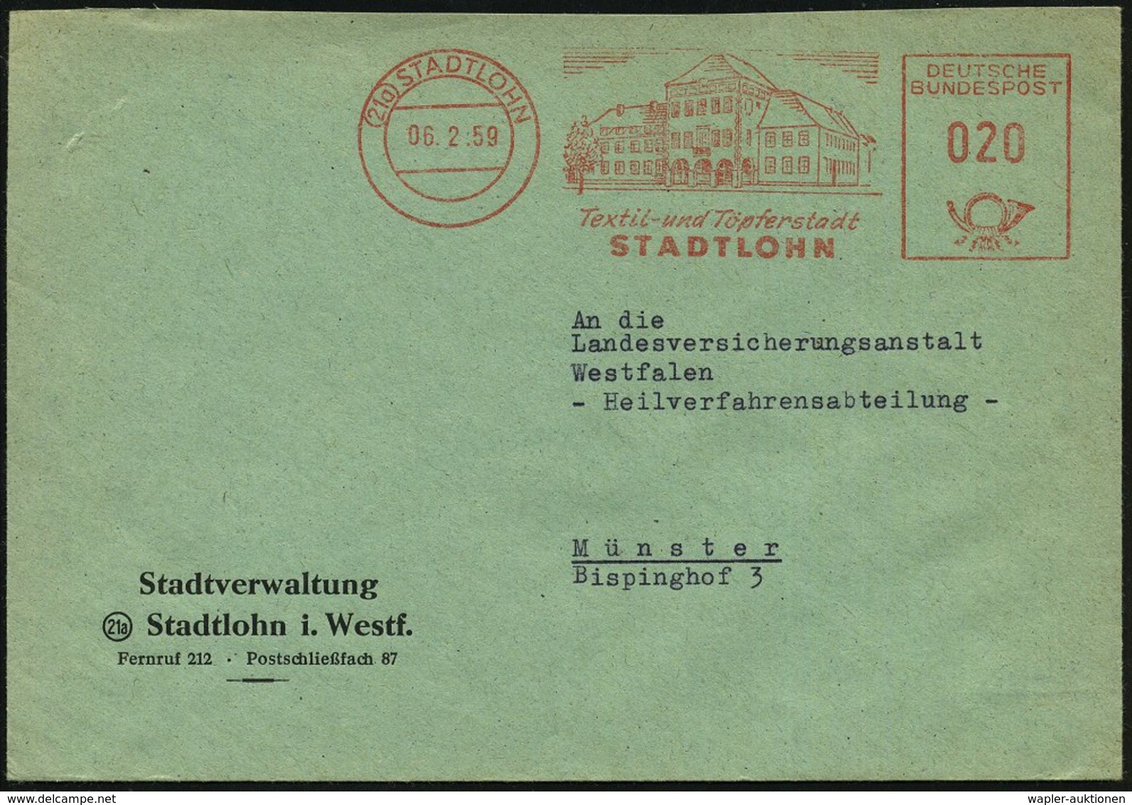 1959 (6.2.) (21 A) STADTLOHN, Kommunaler Absender-Freistempel: Textil- U. Töpferstadt (Rathaus ?) Kommunalbrief - Kerami - Other & Unclassified