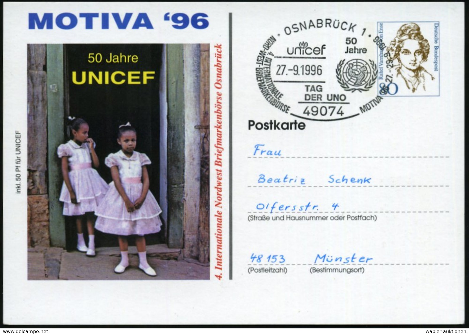 1996 (27.9.) 49074 OSNABRÜCK 1, PP 80 Pf. Varnhagen: 50 Jahre UNICEF (2 Mädchen) + Passender Sonderstempel (UNICEF-Symbo - Other & Unclassified