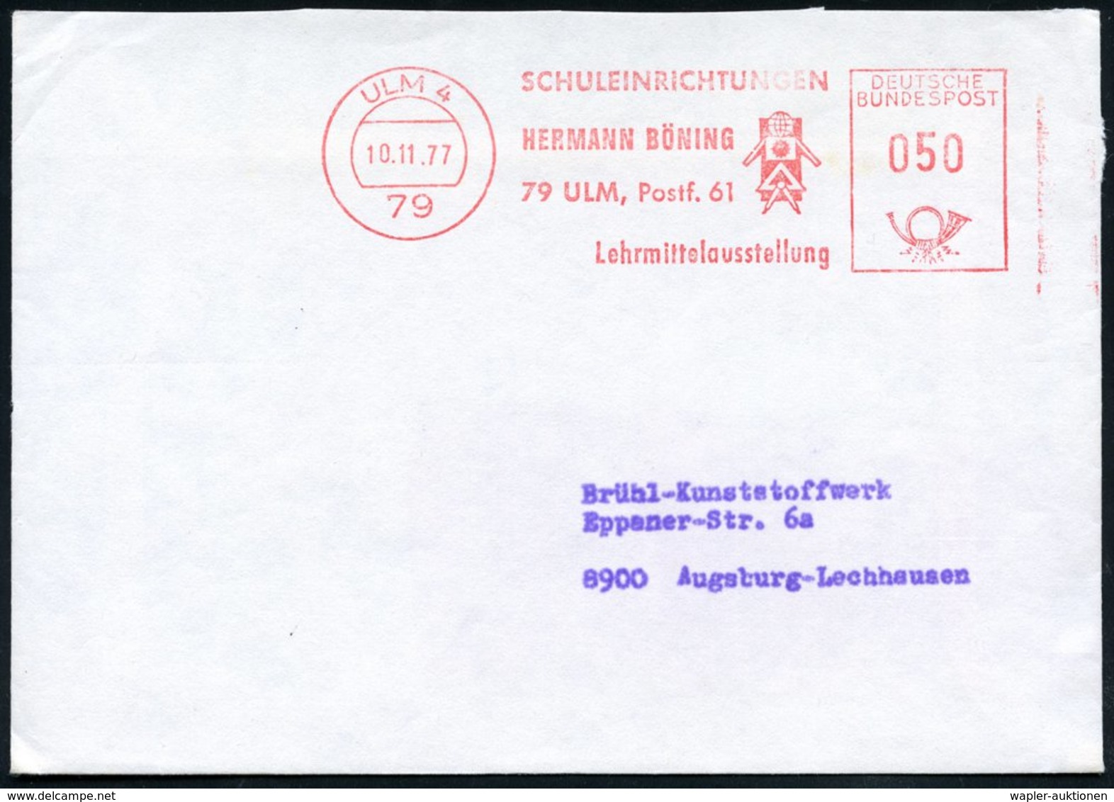 1977 (10.11.) 79 ULM 4, Absender-Freistempel: SCHULEINRICHTUNGEN HERMANN BÖNING.. = Figur Aus Globus, Geodreieck, Zirkel - Other & Unclassified