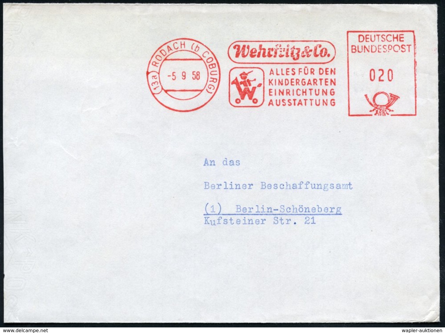 1958 (5.9.) (13 A) RODACH, Absender-Freistempel: Wehrfritz & Co. KINDERGARTEN EINRICHTUNGEN.. (stilis. Rollpferd) Inl.-B - Other & Unclassified