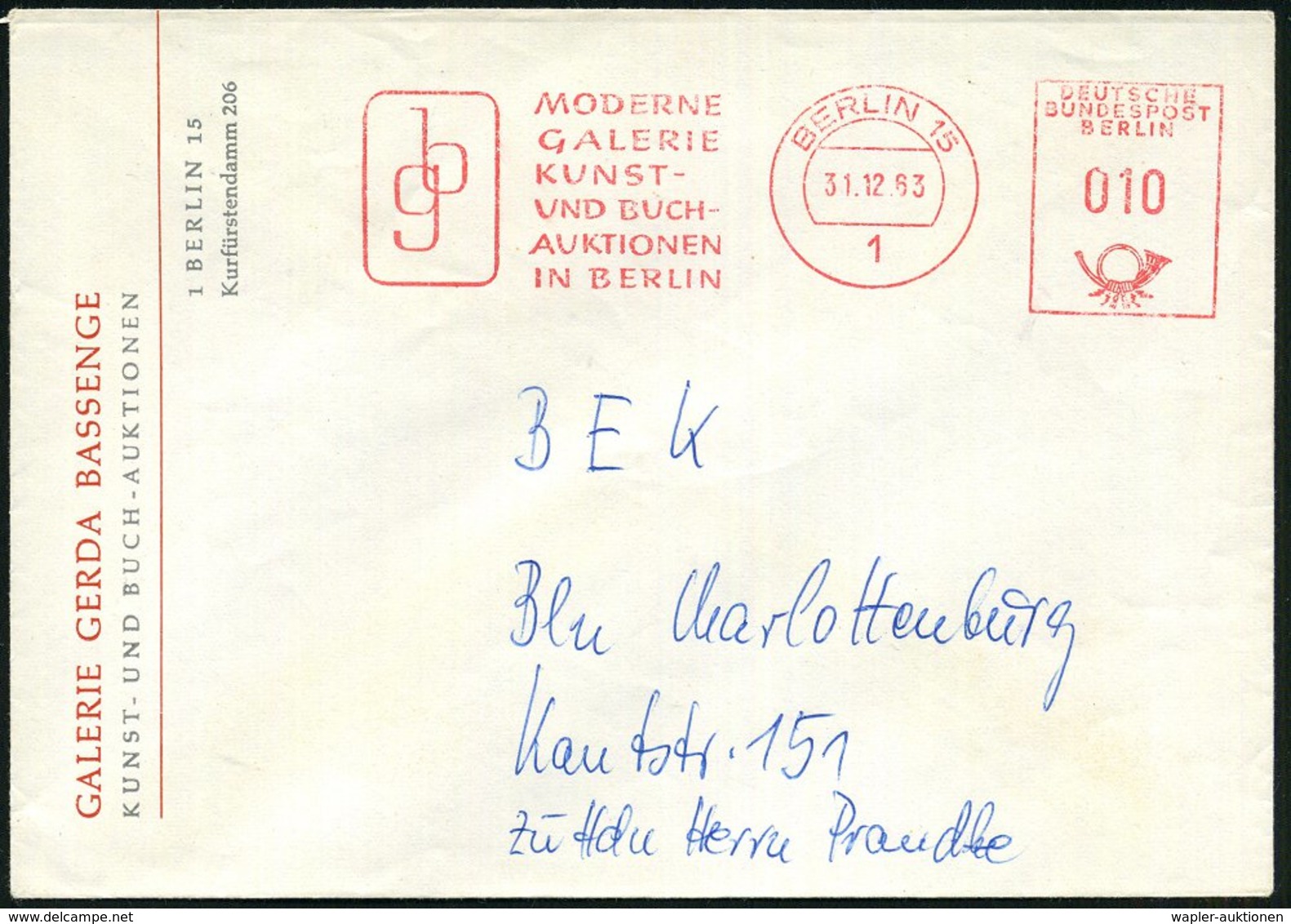 1963 (31.12.) 1 BERLIN 15, Absender-Freistempel: G B MODERNE GALERIE.. = Galerie & Auktion Gerda Bassenge, Ortsbrief - K - Other & Unclassified