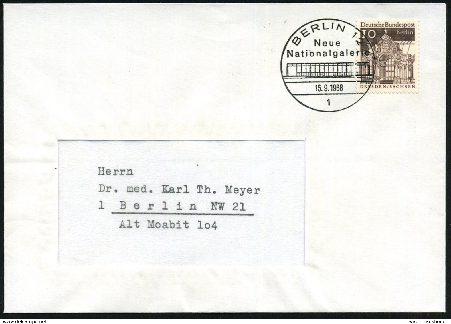 1968 (15.9.) 1 BERLIN 12, Sonderstempel Neue Nationalgalerie (Architekt: Mies Van D. Rohe, Bauhaus-Architekt) Ortsbrief  - Other & Unclassified