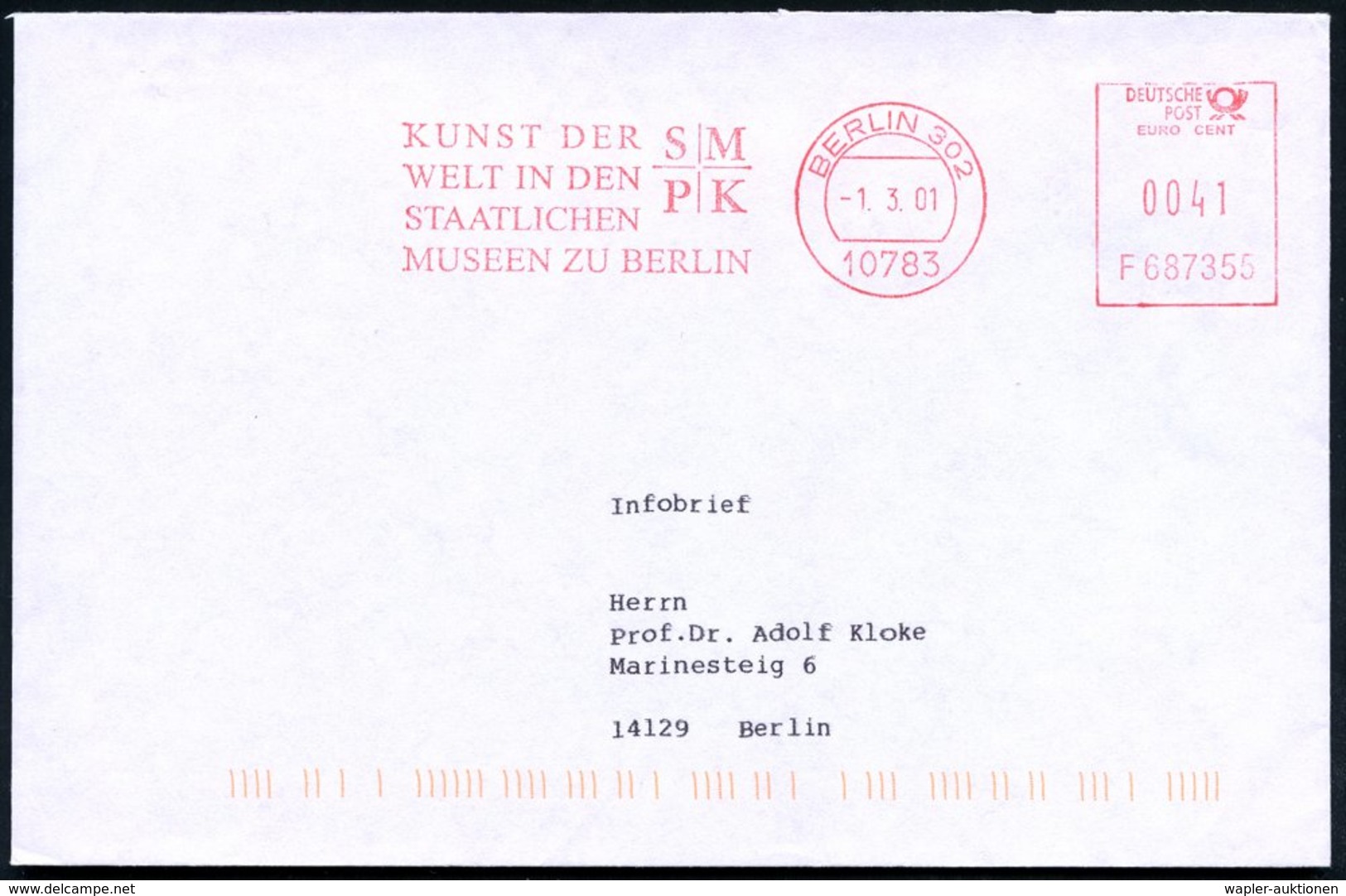 2001 (1.3.) 10783 BERLIN 302, Absender-Freistempel: SMPK STAATLICHE MUSEEN ZU BERLIN, Ortsbrief - Kunst, Museen & Kunsta - Other & Unclassified