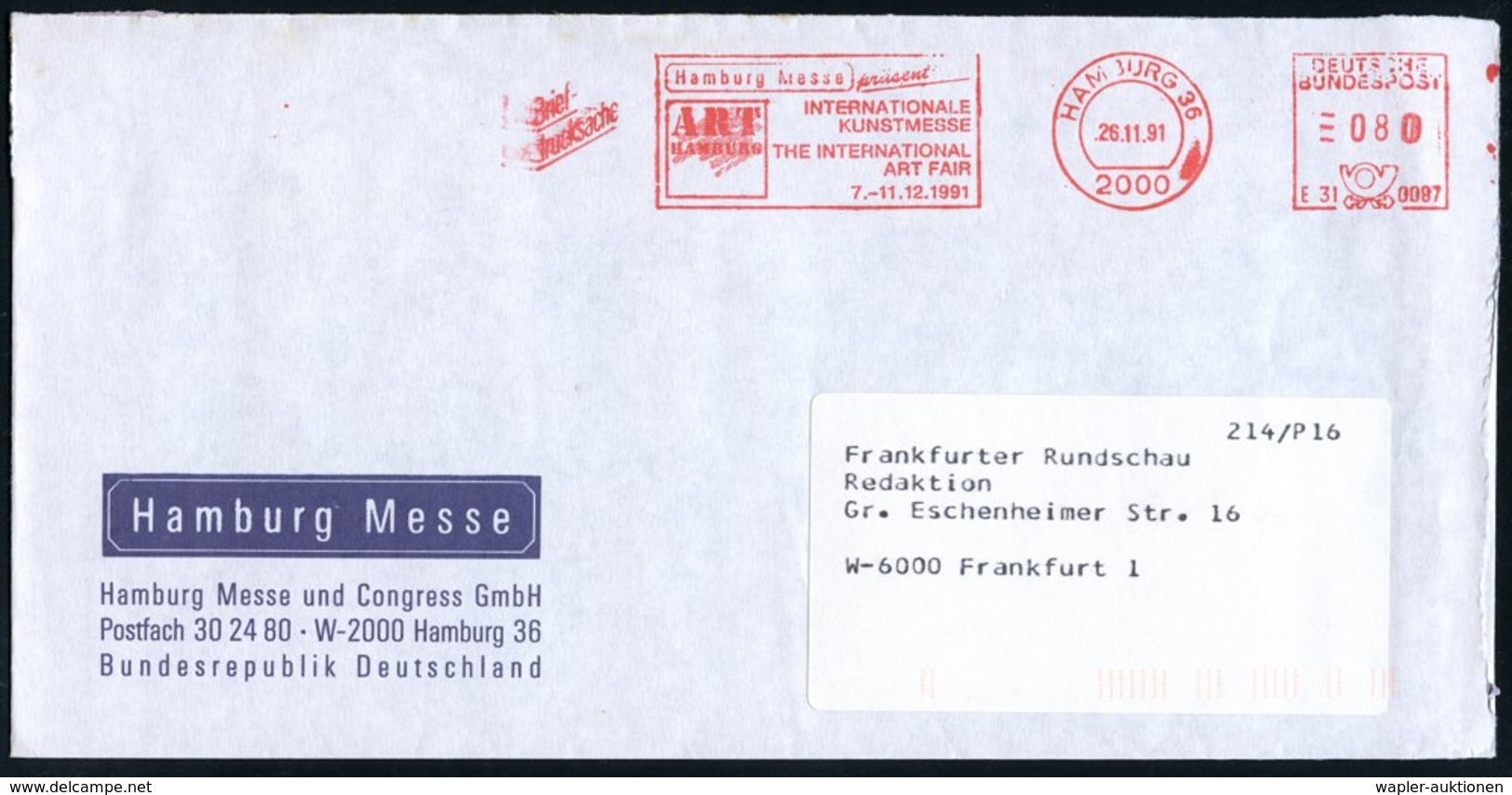 1991 (26.11.) 2000 HAMBURG 36, Seltener, Kommunaler Absender-Freistempel: INTERNAT. KUNSTMESSE.. 1991 "ART HAMBURG", Fir - Other & Unclassified