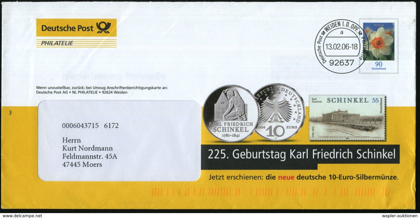 2006 (13.2.) 92637 WEIDEN OPF., 90 C. Postdienst-Ganzsachen-Umschlag Versandstelle: 225. Geburtstag K. F. Schinkel = Alt - Sonstige & Ohne Zuordnung