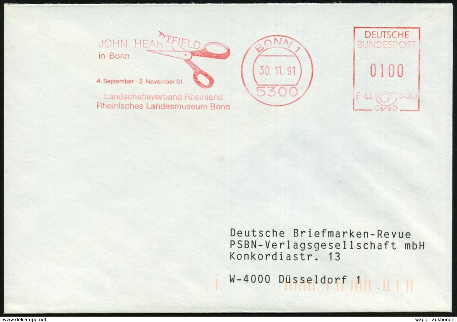 1991 (30.10.) 5300 BONN 1, Maschinen-Werbestempel: JOHN HEARTFIELD (Schere) = Künstler, Grafiker, Antifaschist (eigentli - Other & Unclassified