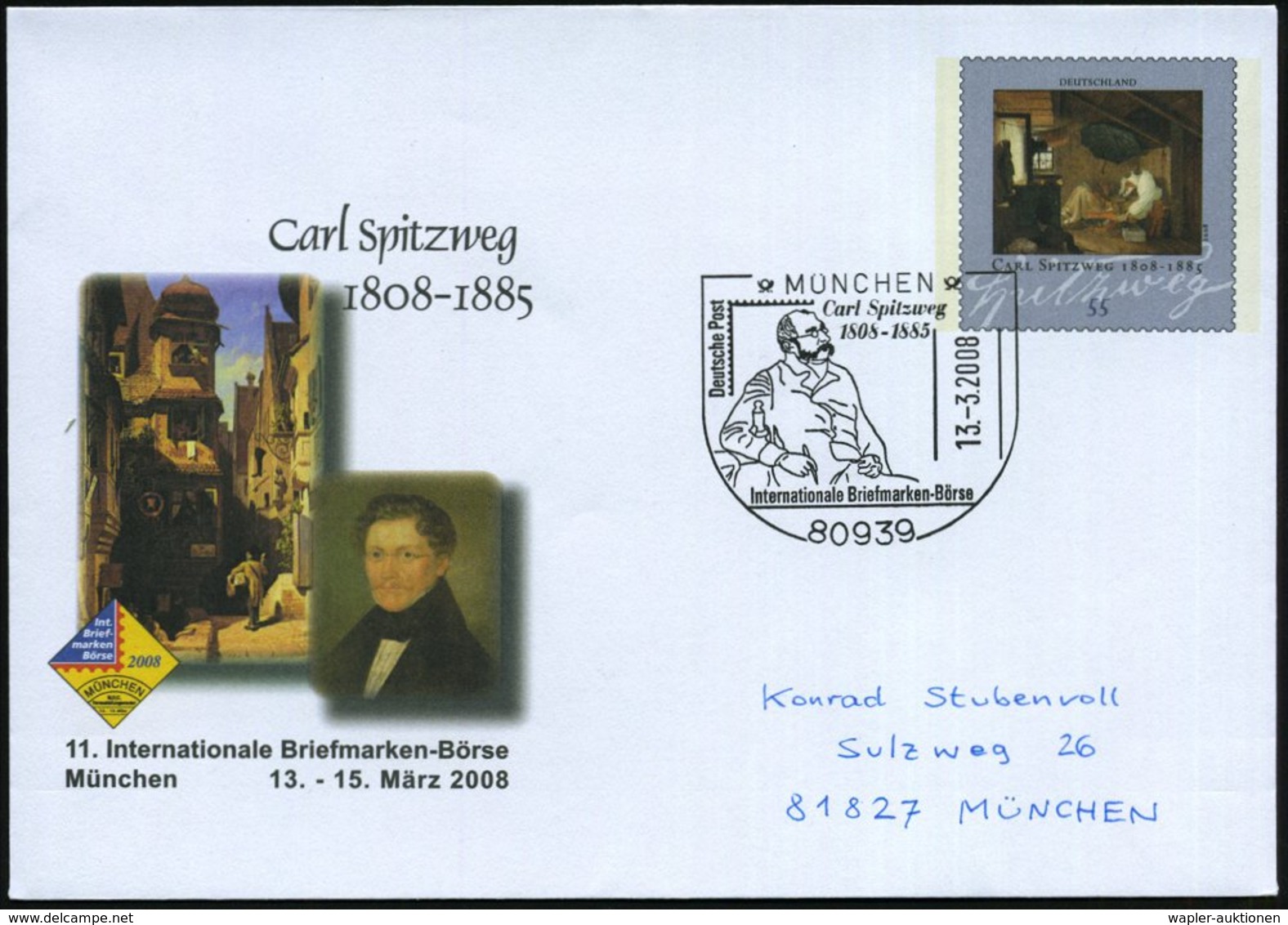 2008 (13.3.) 80939 MÜNCHEN, 55 C. Sonder-Ganzsachen-Umschlag Carl Spitzweg ("Der Arme Poet") + Passender Sonderstempel,  - Andere & Zonder Classificatie