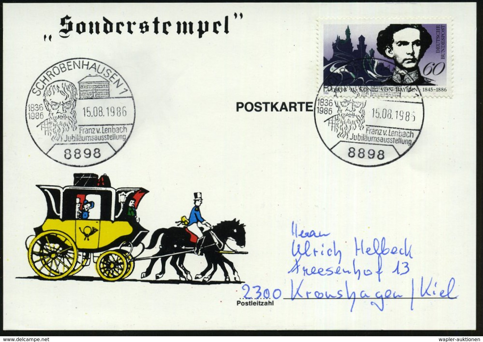 1986 (15.8.) 8898 SCHROBENHAUSEN 1, Sonderstempel: Franz V. Lenbach Jubiläumsausstellung (Kopfbild), Bedarfskarte - Deut - Other & Unclassified