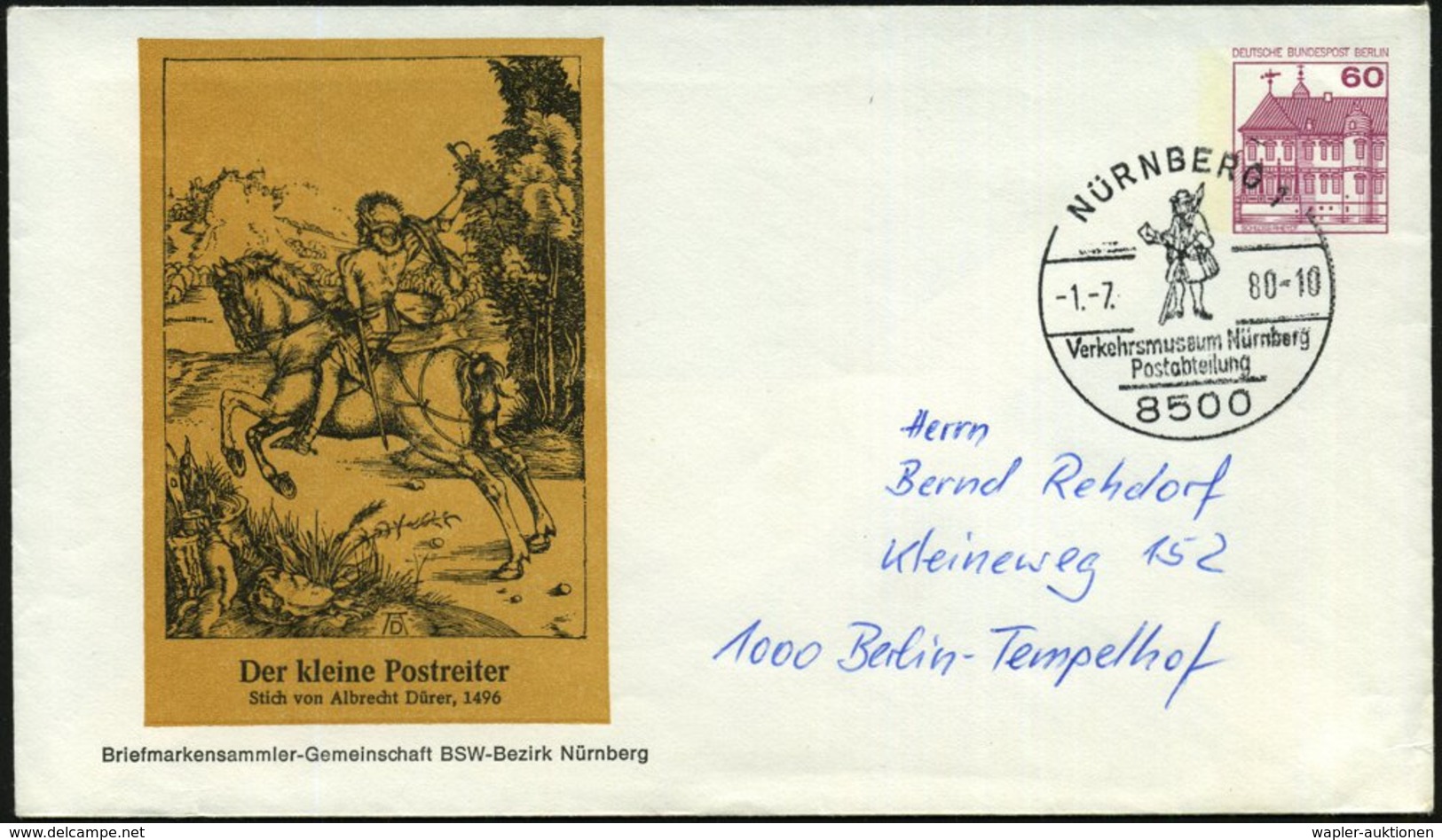 1980 (1.7.) 85 NÜRNBERG 1, PU 60 Pf. Berlin: Der Kleine Postreiter, Stich Von Albrecht Dürer (Mi.PU 75/ 5) + Hand-Werbes - Other & Unclassified