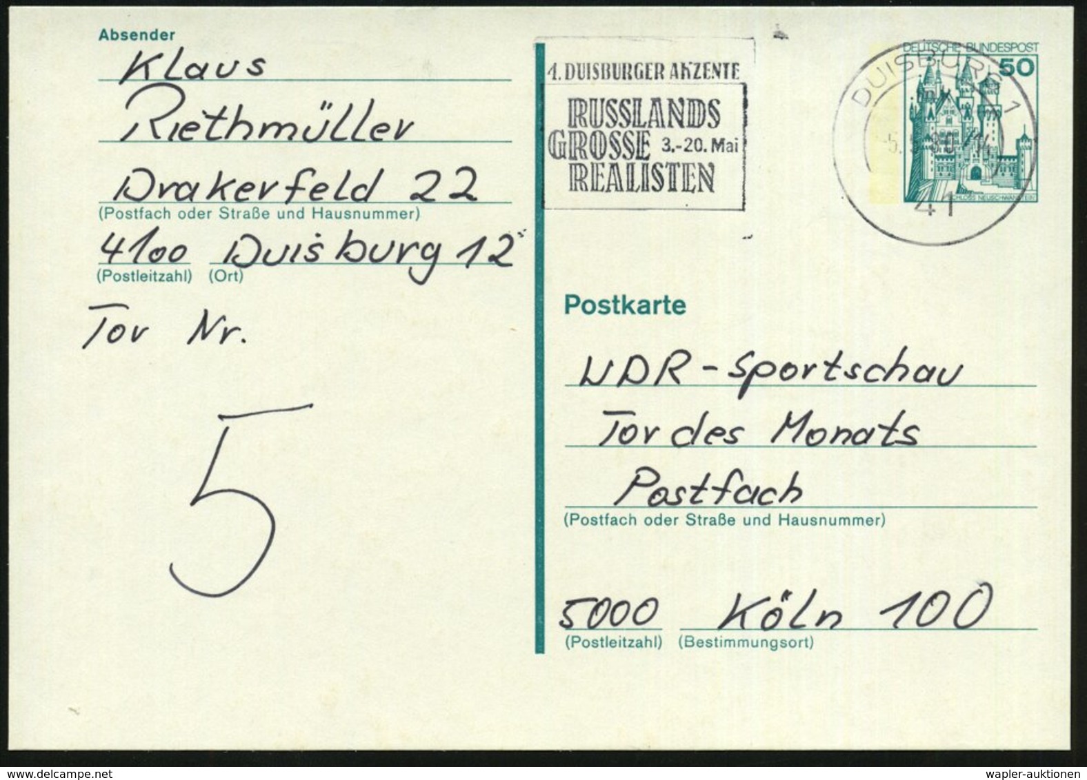 1980 (5.5.) 41 DUISBURG 1, Maschinen-Werbestempel: RUSSLANDS GROSSE REALISTEN.., Bedarfskarte (Bo.95 A I = UB "mk", Nur  - Other & Unclassified