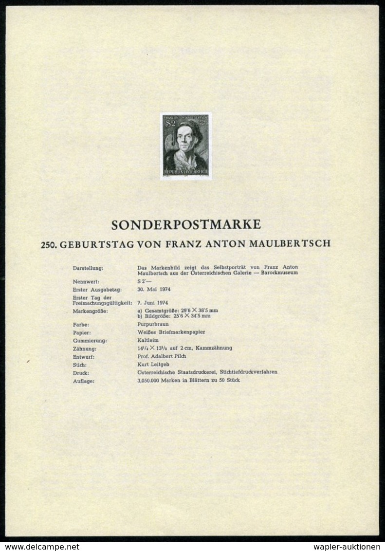 1974 ÖSTERREICH, 2 S. "250. Geburtstag Franz A. Maulbertsch" (Selbstportrait) Ungez. Schwarzdruck Auf Amtl. Ankündigungs - Other & Unclassified