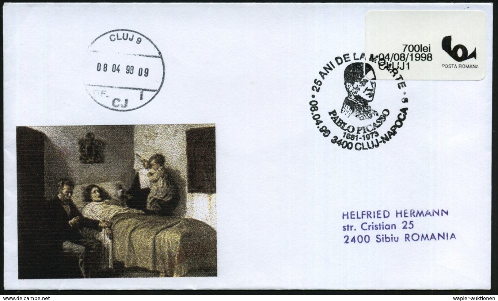 1998 (8.4.) RUMÄNIEN, Sonderstempel: 3400 CLUJ-NAPOCA, 25 TODESTAG PABLO PICASSO (Brustbild) Auf Picasso-Sonderumschlag  - Other & Unclassified