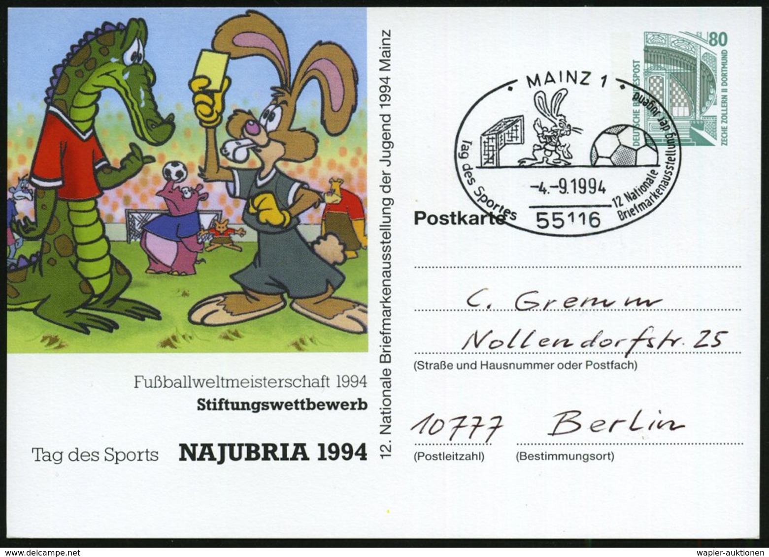 1994 (4.9.) 55116 MAIN 1, PP 80 Pf. Bauwerke: Fußball-WM 1994 NAJUBRIA Mit Fußball-Comic-Figuren (Krokodil, Hase, Nashor - Other & Unclassified