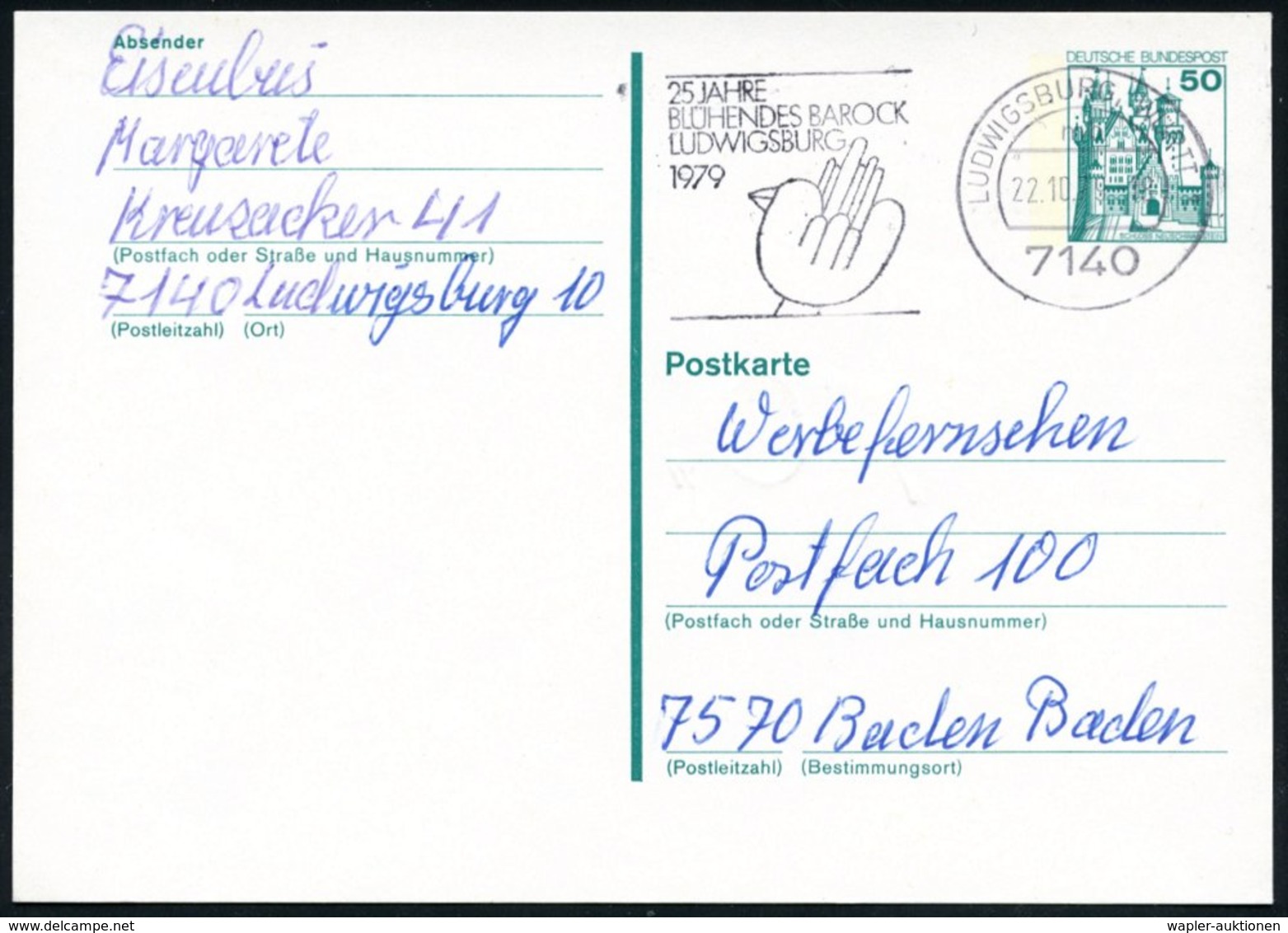 1979 (Okt.) 7140 LUDWIGSBURG 1, Maschinen-Werbestempel: 25 JAHRE BLÜHENDES BAROCK (stilis. Vogel) Bedarfskarte (Bo.50 A) - Sonstige & Ohne Zuordnung