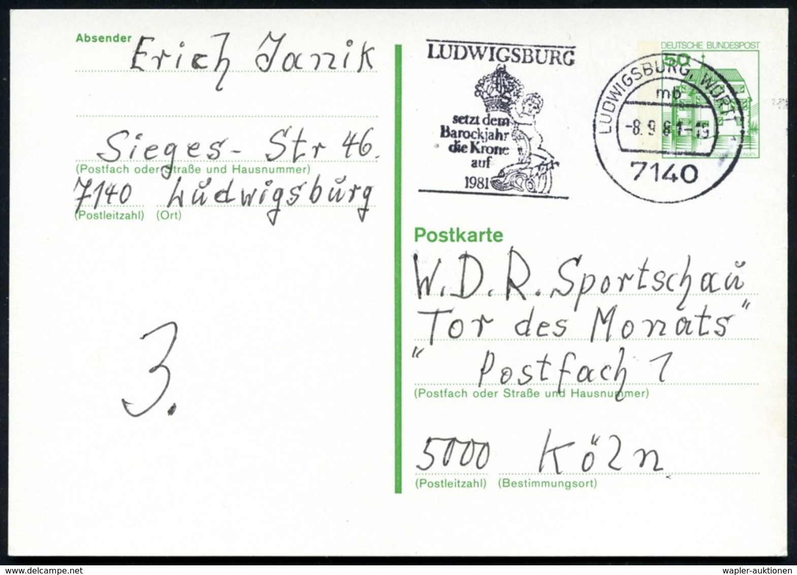 1981 (8.9.) 7140 LUDWIGSBURG 1, Maschinen-Werbestempel: Setzt Dem Barockjahr Die Krone Auf (Putten-Skulptur Mit Krone) B - Other & Unclassified