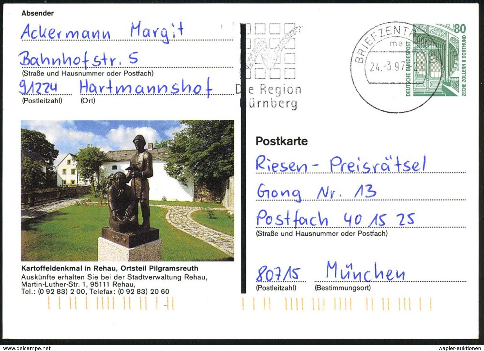 1997 (24.3.) Rehau, 80 Pf. Bild-Ganzsache Bauwerke: Kartoffeldenkmal Pilgramsreuth (Skulptur) Maschinen-Werbestempel BRI - Other & Unclassified