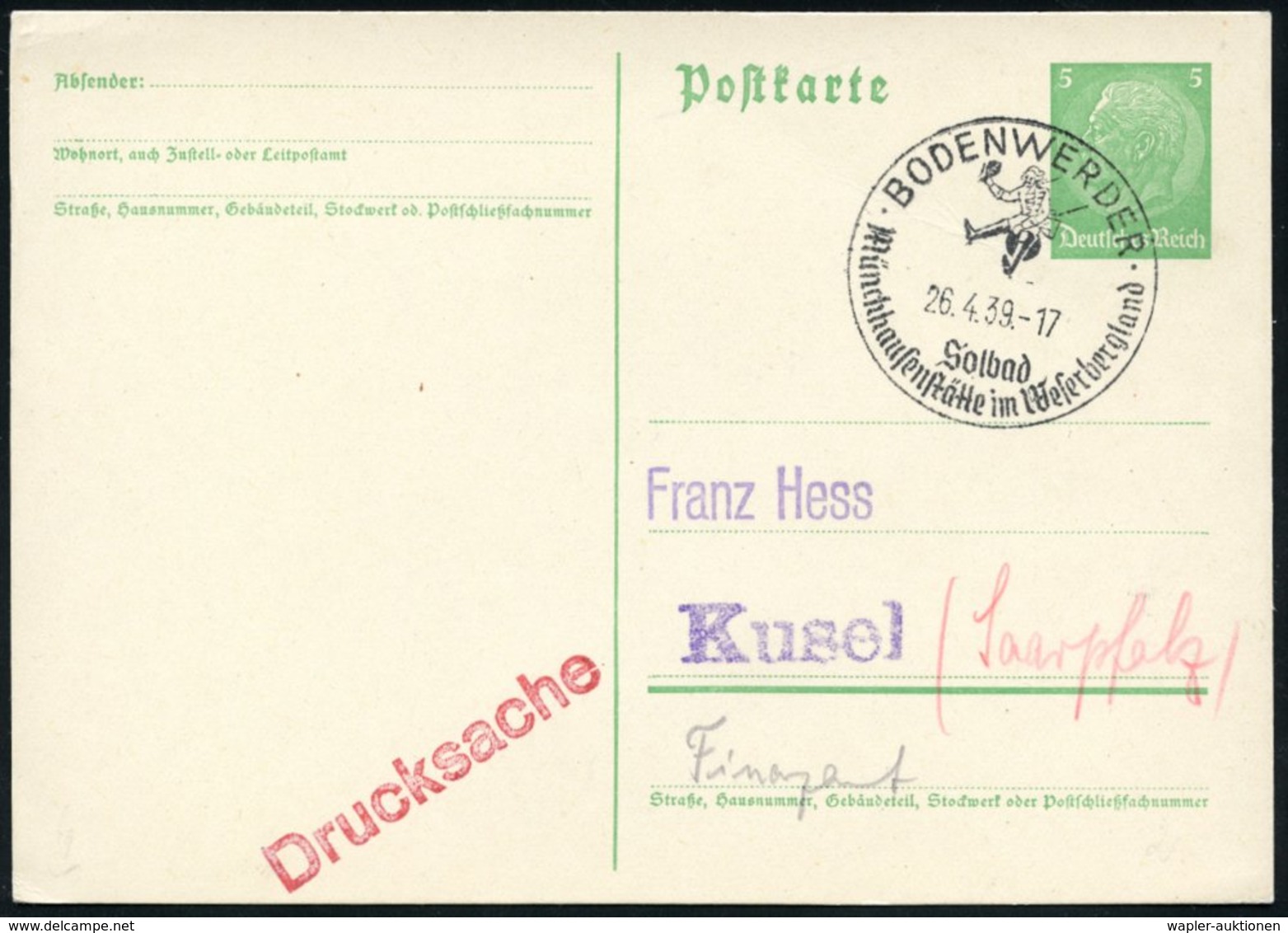 1939 BODENWERDER, Handwerbestempel: Münchhausenstätte.. (Münchhausen Auf Kanonenkugel) Inl.-Karte (Bo.2, Letztjahr) - De - Other & Unclassified