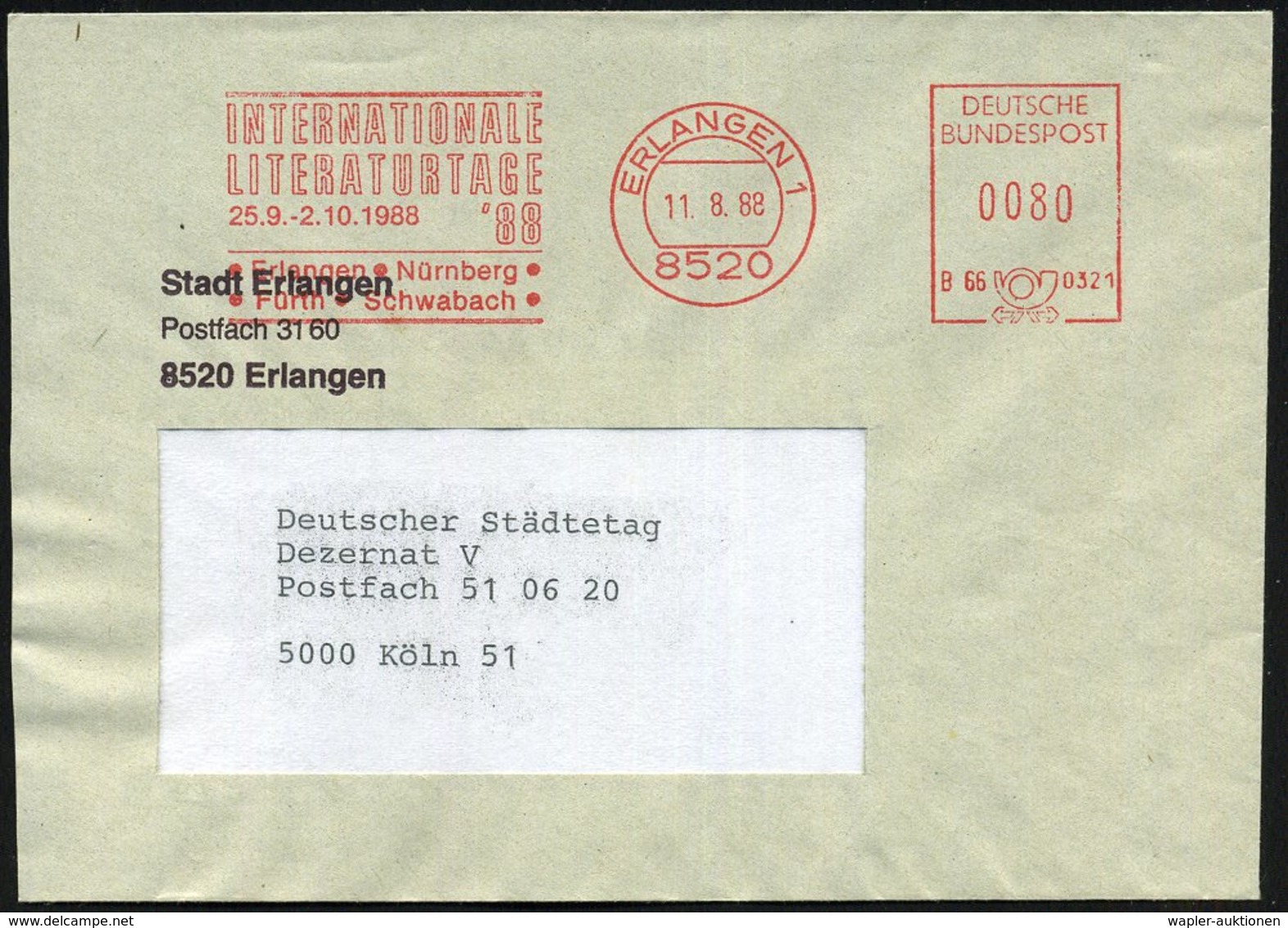 1988 (11.8.) 8520 ERLANGEN 1, Kommunaler Absender-Freistempel: INTERNAT. LITERATURTAGE '88, Kommunalbrief - Deutsche Dic - Other & Unclassified