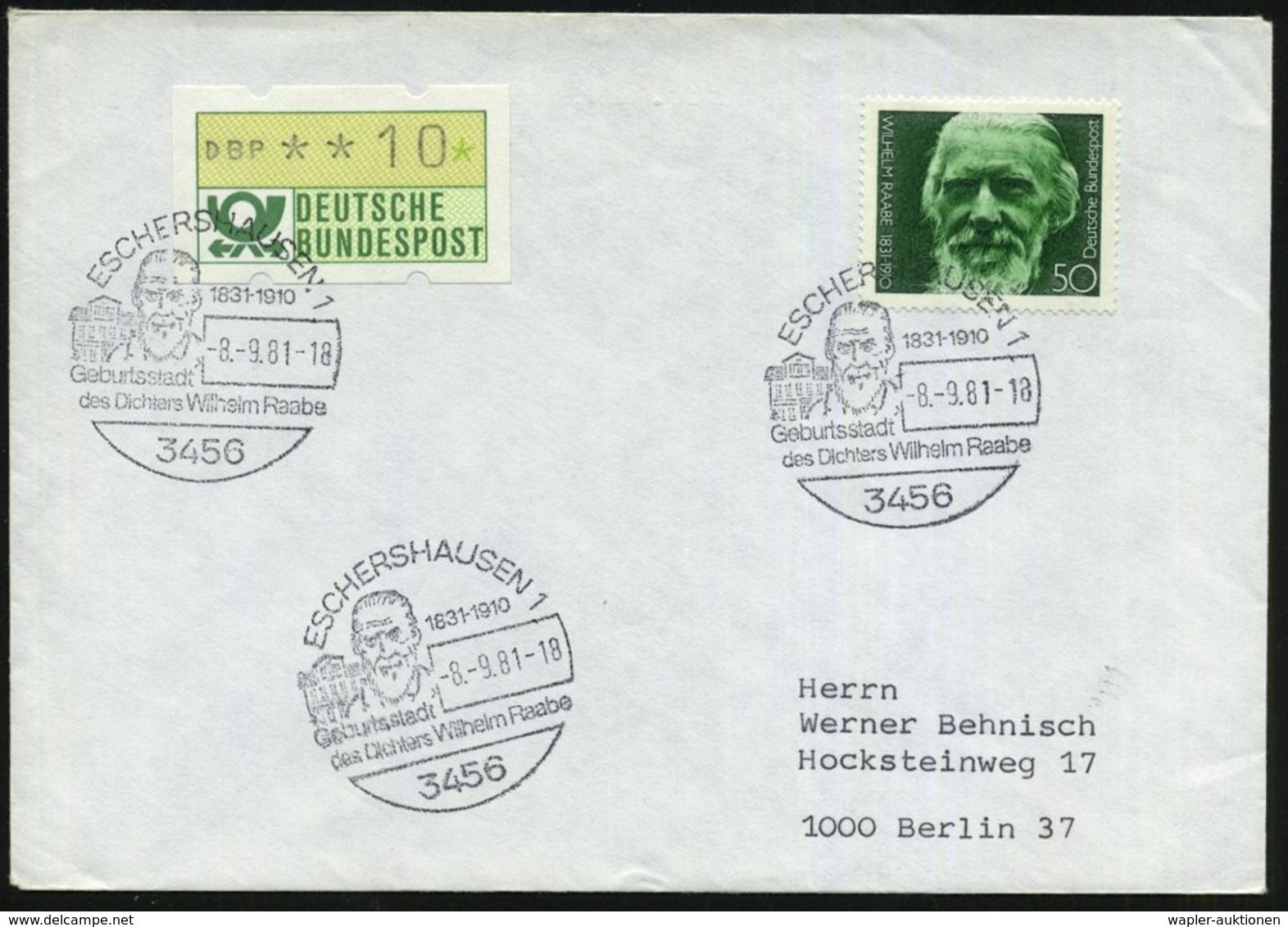 1981 (8.9.) 3456 ESCHERSHAUSEN 1, Sonderstempel: Geburtsstadt Des Dichters Wilhelm Raabe (Kopfbild) Auf 50 Pf. Wilh. Raa - Sonstige & Ohne Zuordnung
