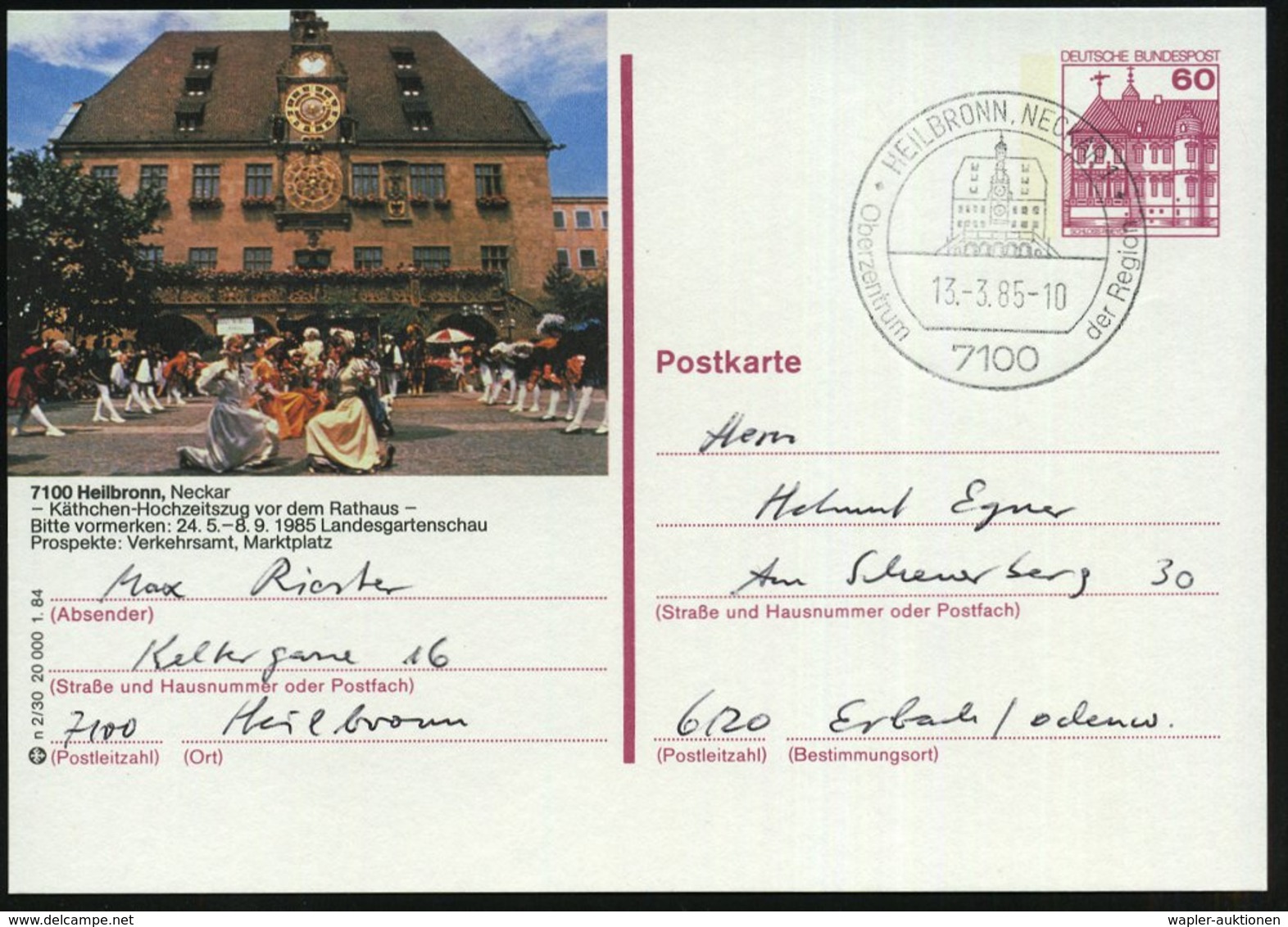 1985 (13.3.) 7100 HEILBRONN 1, 60 Pf. Bild-Ganzsache Burgen: Kätchen-Hochzeitszug.. (vor Rathaus) + Motivgleicher Handwe - Other & Unclassified