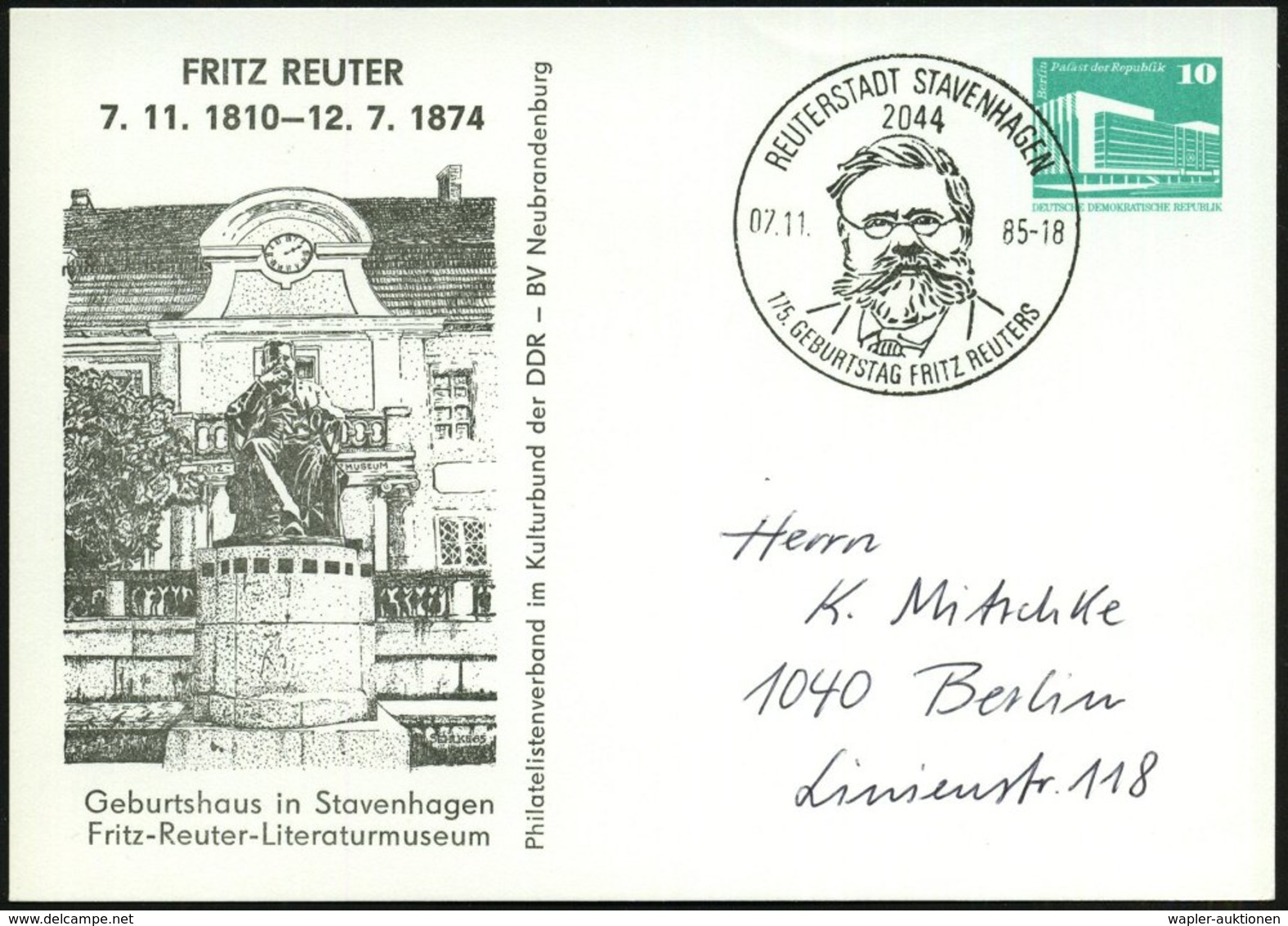 1985 (7.11..) 2044 REUTERSTADT STAVENHAGEN, Maschinen-Sonderstempel: 175. GEBURTSTAG FRITZ REUTERS (Brustbild) Auf Passe - Other & Unclassified