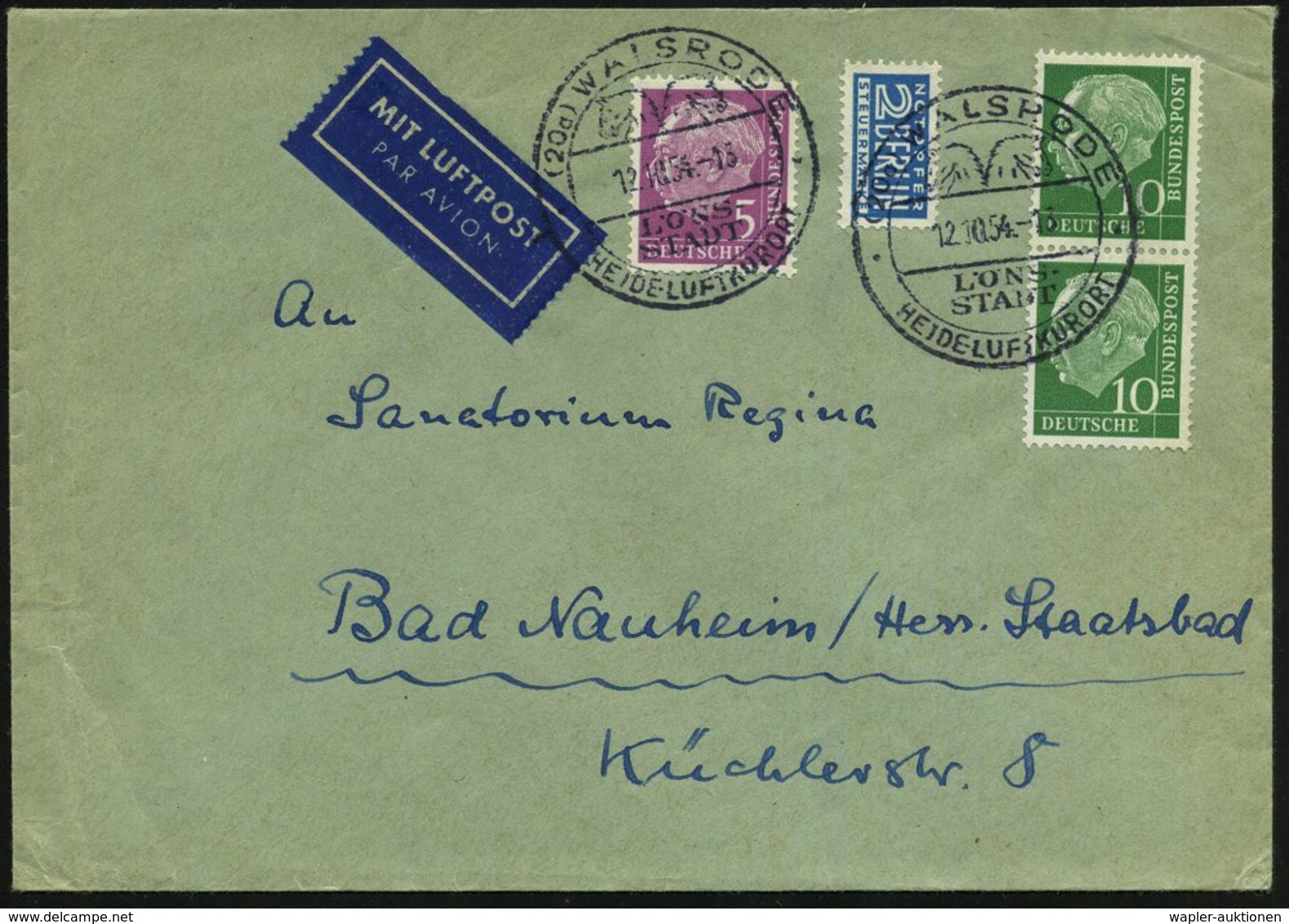 1954 (12.10.) (20 A) WALSRODE, LÖNS-STADT.. (2 Pferdeköpfe) = Herm. Löns, Heide-Dichter, Inl.-Flugpostbrief (Bo.1) - Deu - Other & Unclassified