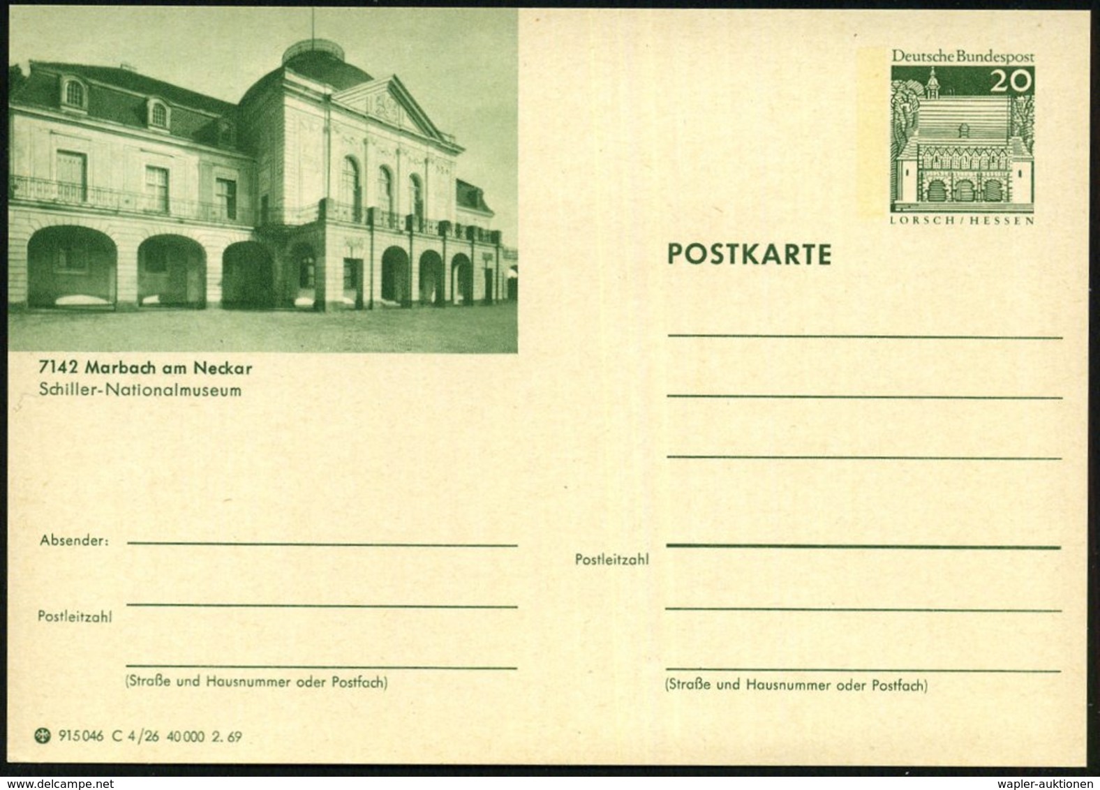 1965/69 Marbach, Neckar, Bild-Ganzsache 15 Pf. Tegel Und 2 Varianten 20 Pf. Lorsch: Schiller-Nationalmuseum, Alle Ungebr - Other & Unclassified