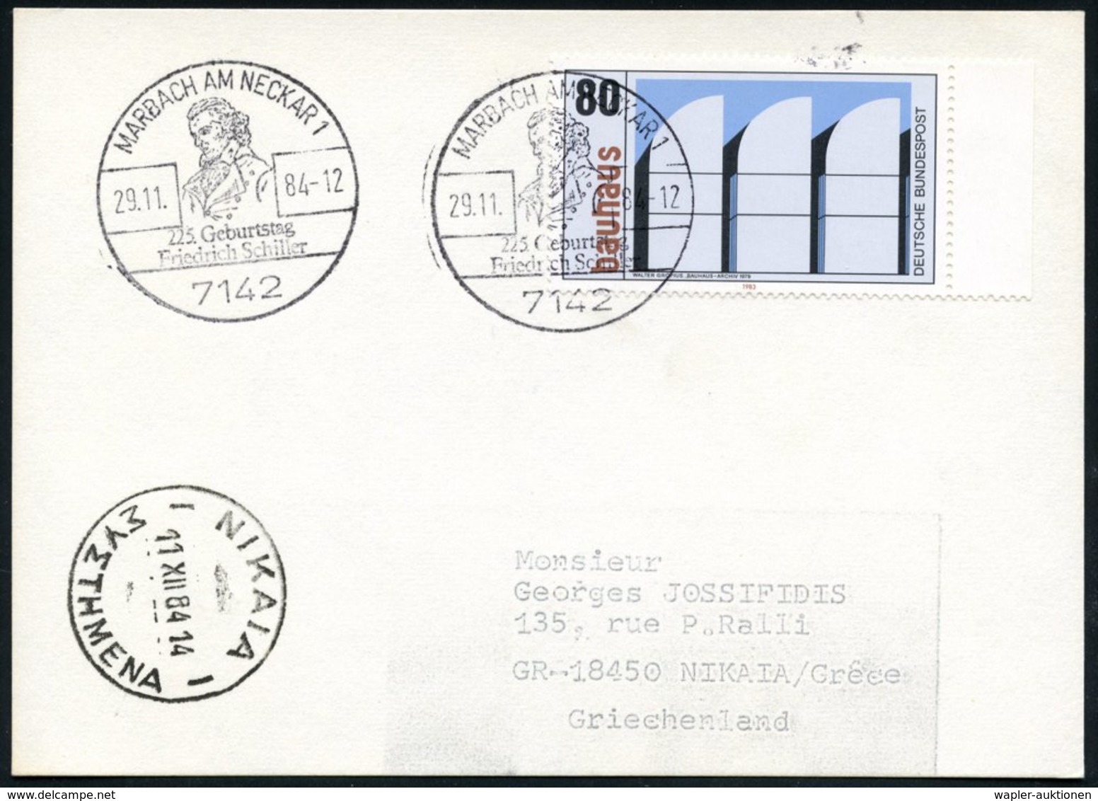 1984 (29.11.) 7142 MARBACH 1, Sonderstempel: 225. Geburtstag Friedr. Schiller (Brustbild) Ausl.-Karte (Bo.15) - Friedric - Other & Unclassified