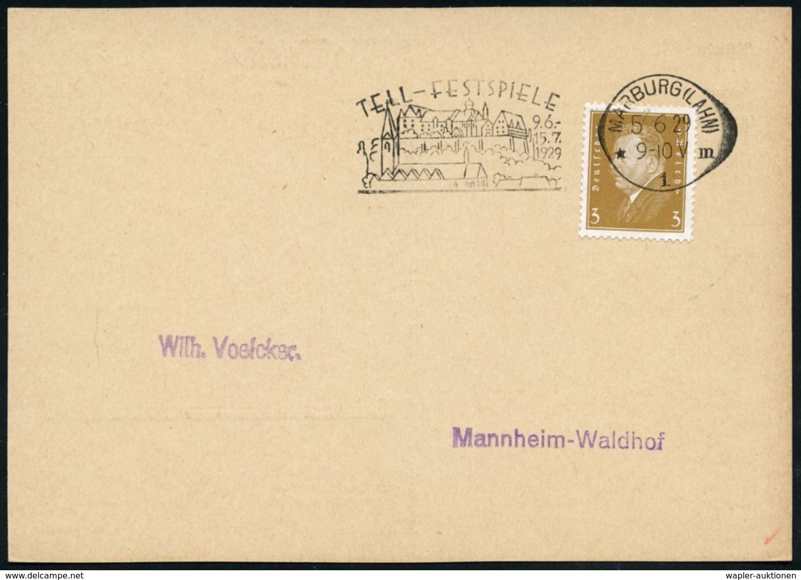 1929 (5.6.) MARBURG (LAHN) 1, Maschinen-Werbestempel: TELL-FESTSPIEL (Burg U. Kirche) Inl.-Karte (Bo.5 A) - Friedrich Sc - Other & Unclassified