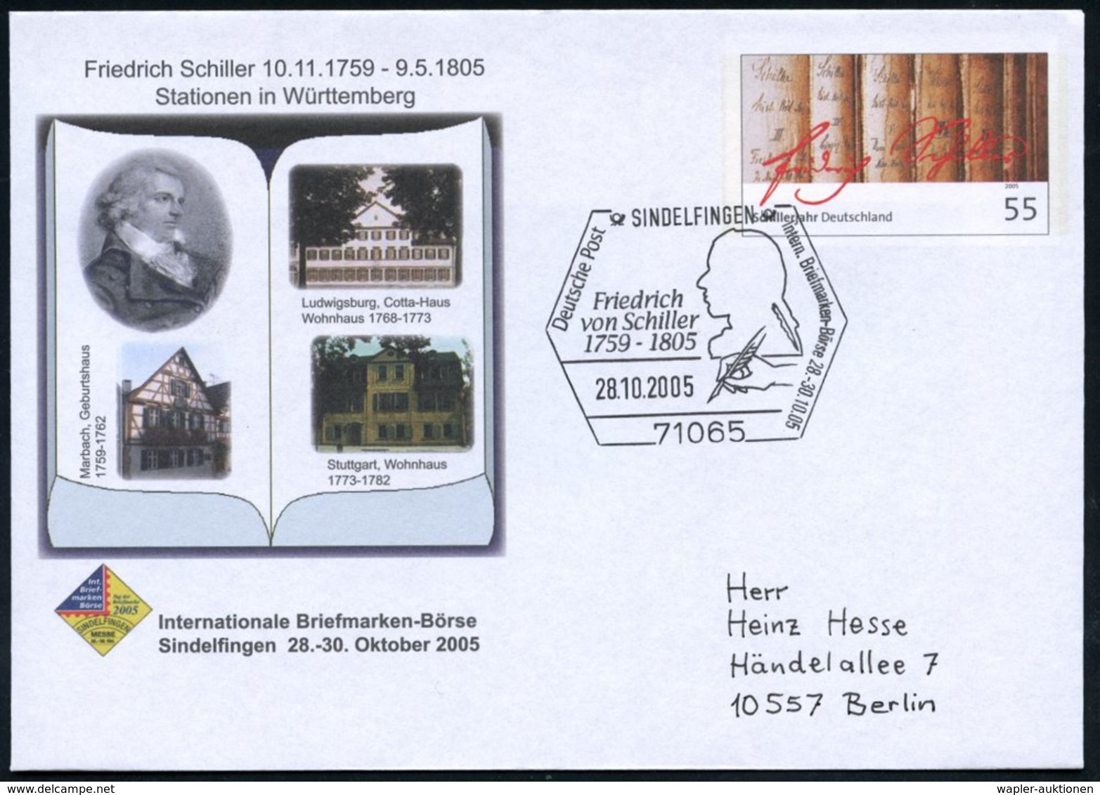 2005 (28.10.) 71065 SINDELFINGEN, 55 C. Sonder-Ganzsachenumschlag "Schillerjahr" + Passender Sonderstempel (Kopfsilhouet - Autres & Non Classés