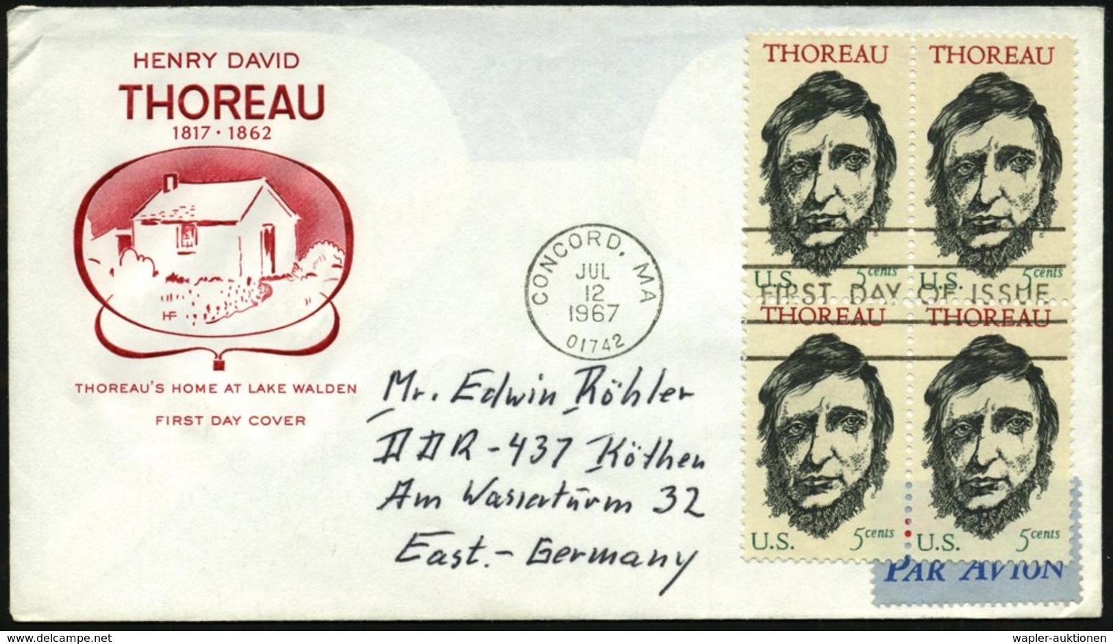1967 (12.7.) U.S.A., 5 C. "150. Geburstag Henry David Thoreau" , 4er-Block + ET-Maschinenstempel: CONCORD, MA. (ökolog.  - Other & Unclassified