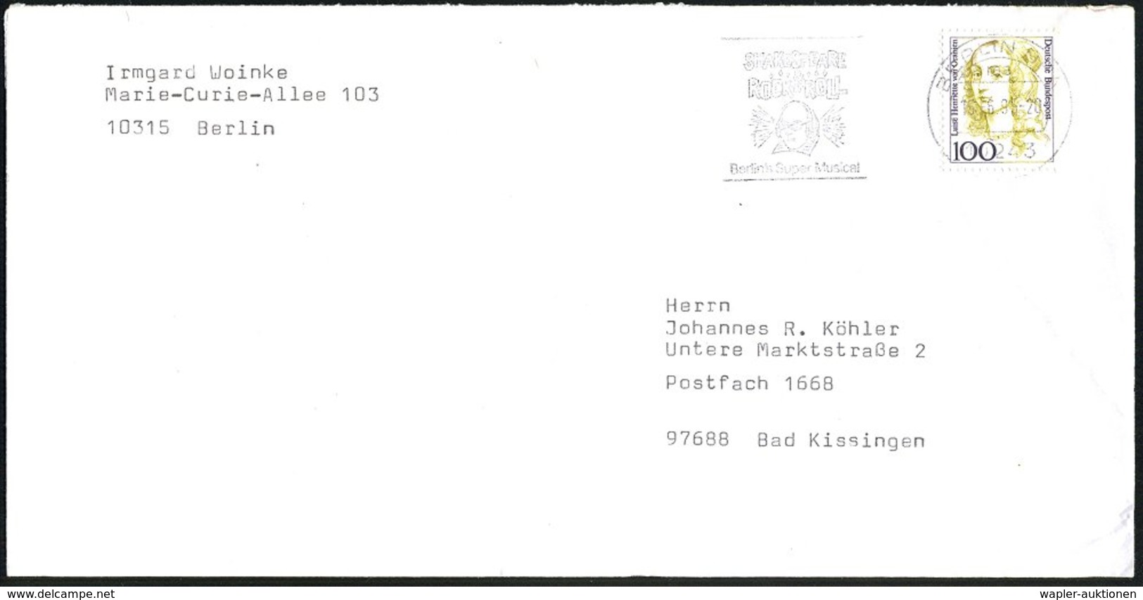 1995 (15.6.) 10243 BERLIN BPA, Masachinen-Werbestempel: SHAKESPEARE ROCK N ROLL..Musical (Kopfbild Shakespeare) Bedarfsb - Other & Unclassified