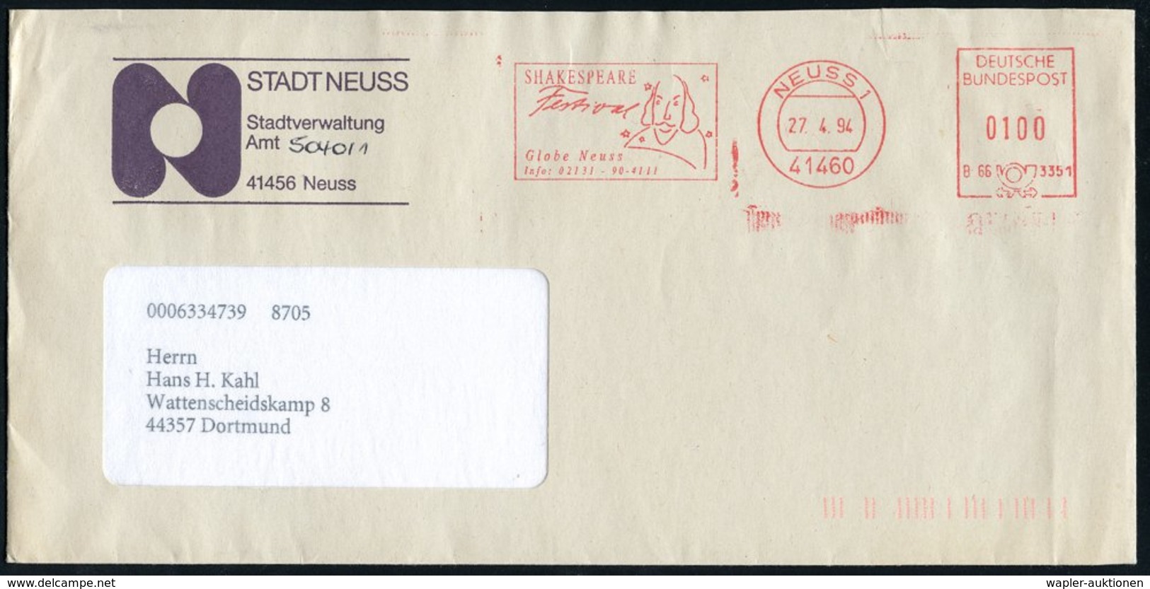 1994 (27.4.) 41460 NEUSS 1, Kommunaler Absender-Freistempel (Francotyp): SHAKESPEARE Festival.. (Kopfbild) Kommunalbrief - Other & Unclassified