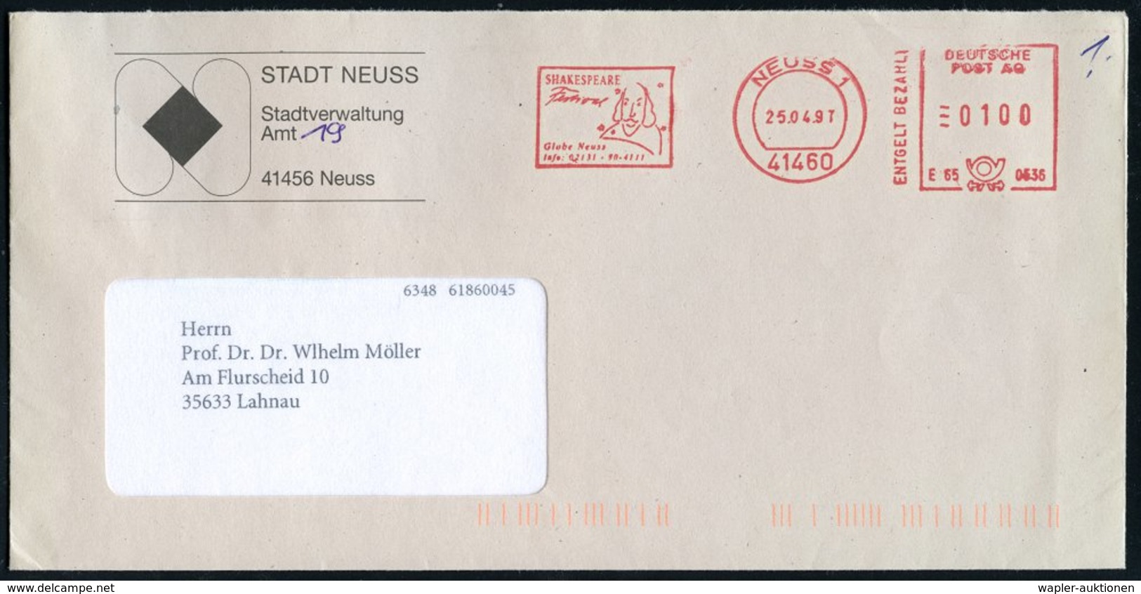 1997 (25.4.) 41460 NEUSS 1, Kommunaler Absender-Freistempel (Pitney Bowes): SHAKESPEARE Festival.. (Kopfbild) Kommunalbr - Other & Unclassified