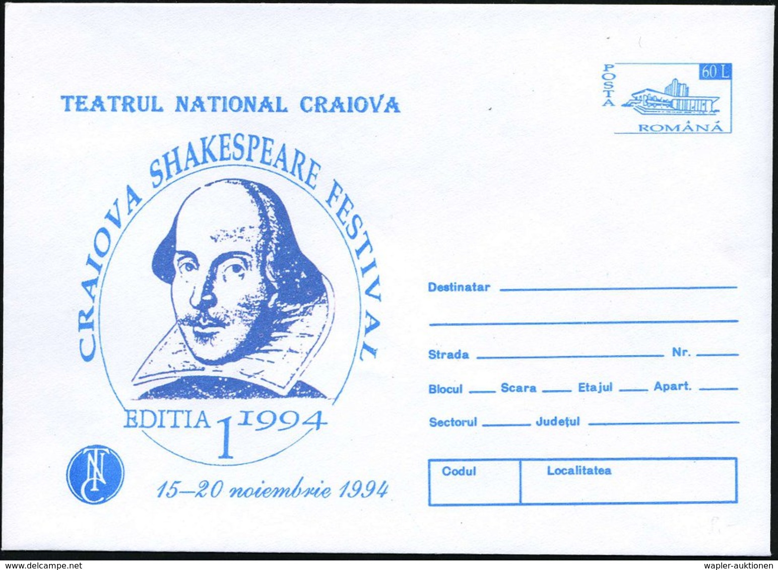 1994 RUMÄNIEN, 60 L. Sonder-Ganzsachen-Umschlag: Shakespeare-Festival Craiova (Kopfbild) Ungebr. (Mi.U 1704 = Festival-T - Other & Unclassified