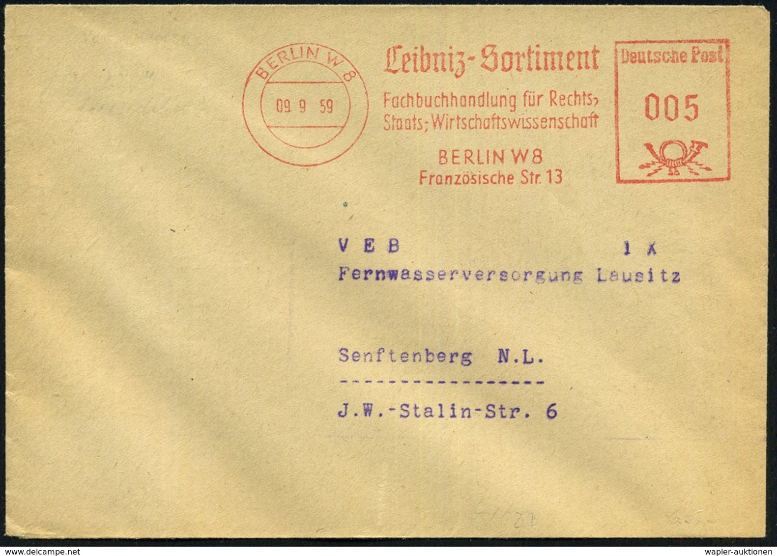 1959 (9.9.) BERLIN W 8, Absender-Freistempel: Leibnitz-Sortiment, Fachbuchhandlung.. (Leibnitz = Erfinder Der Rechenmasc - Other & Unclassified