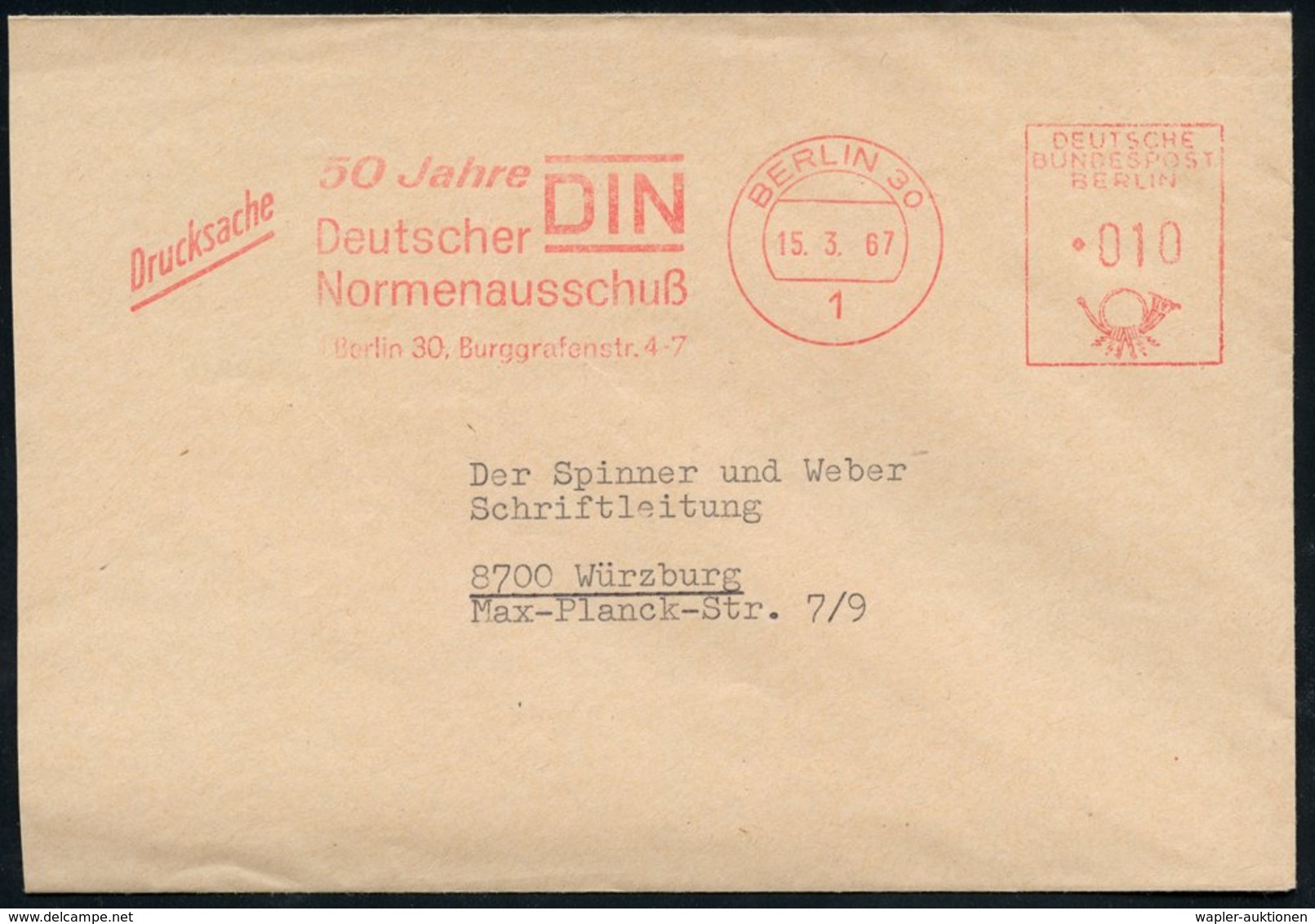 1967 1 BERLIN 30, Jubil.-Absender-Freistempel: 50 Jahre DIN, Deutscher Normenausschuß, Teil-Dienstbf. - Mathematik & Com - Other & Unclassified