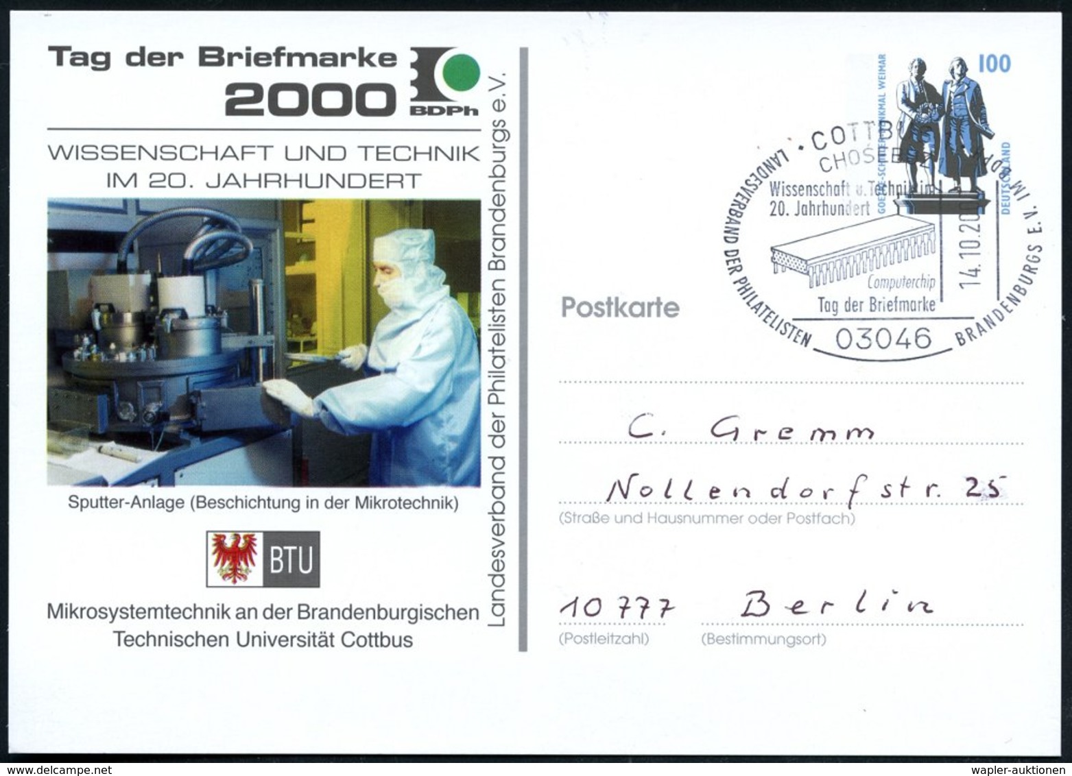 2000 (14.10.) 03046 COTTBUS 1, Sonderstempel: Wissenschaft U. Technik Im 20. Jahrhundert, Computerchip.. (Steckelement)  - Other & Unclassified