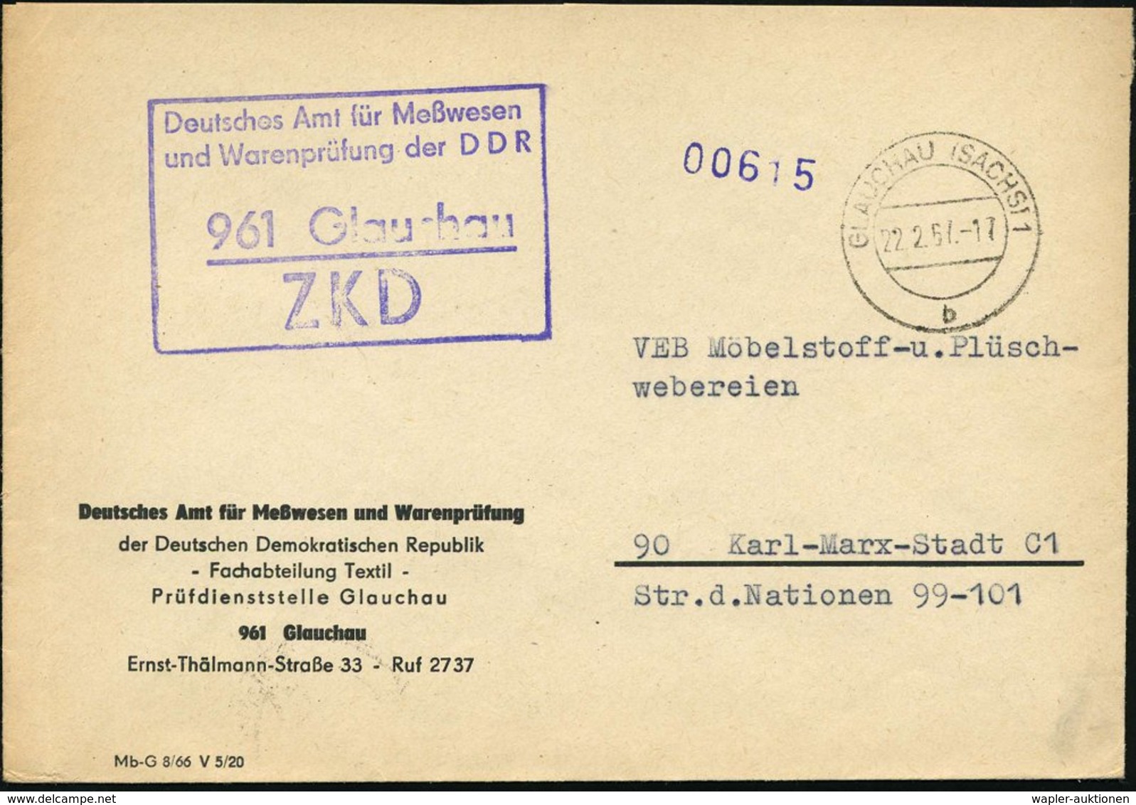 1957 (22.2.) 961 Glauchau, Viol. ZKD-Stempel: Deutsches Amt Für Meßwesen U. Warenprüfung Der DDR + 2K-Steg: GLAUCHAU (SA - Sonstige & Ohne Zuordnung